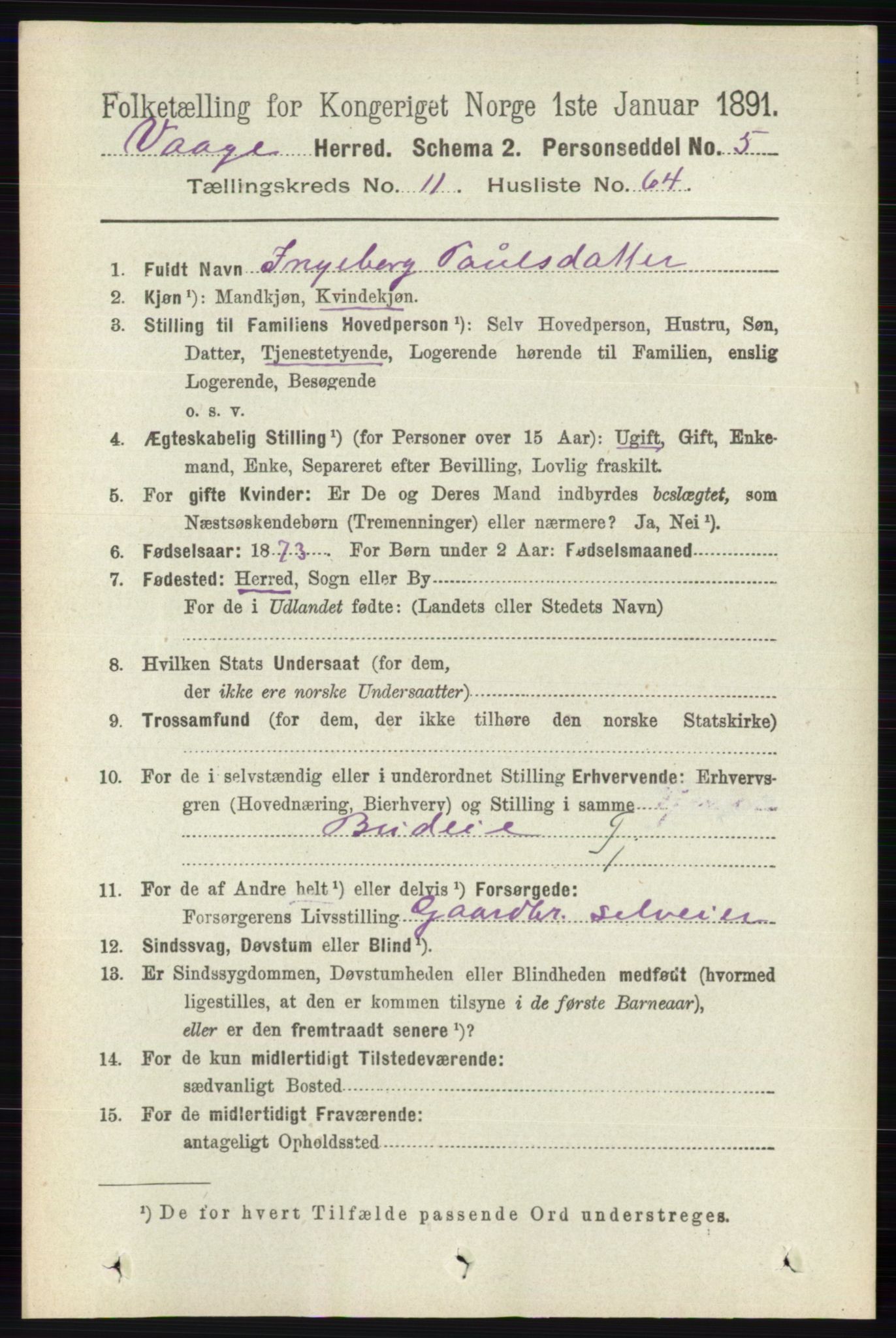 RA, 1891 census for 0515 Vågå, 1891, p. 7198