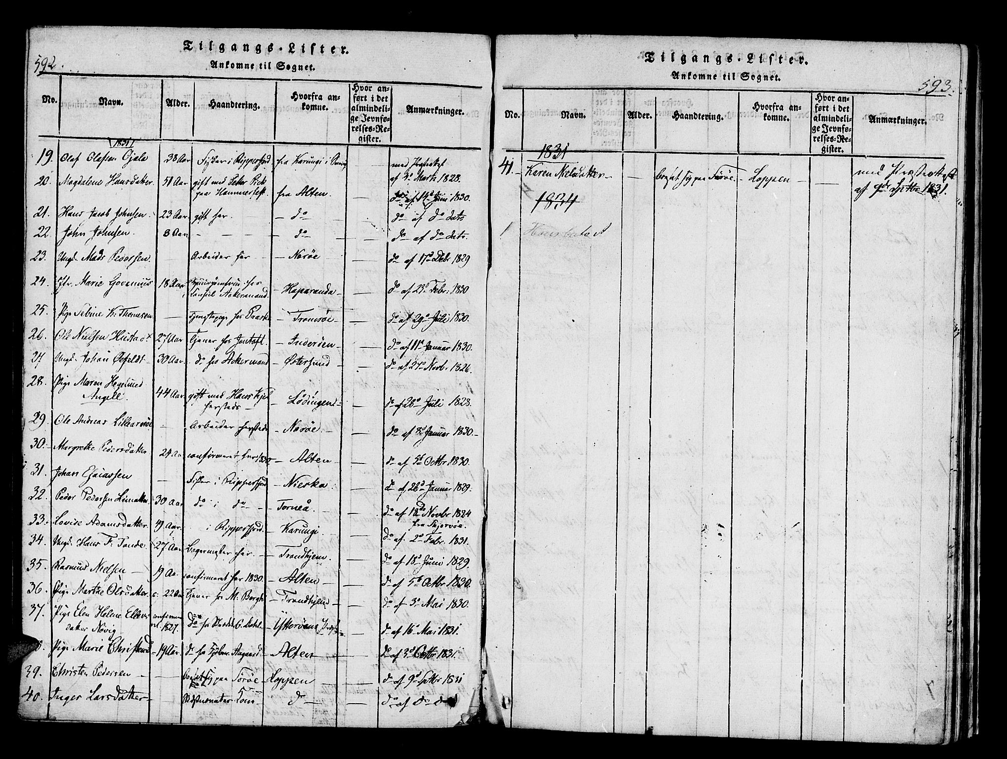 Hammerfest sokneprestkontor, SATØ/S-1347/H/Ha/L0003.kirke: Parish register (official) no. 3, 1821-1842, p. 592-593