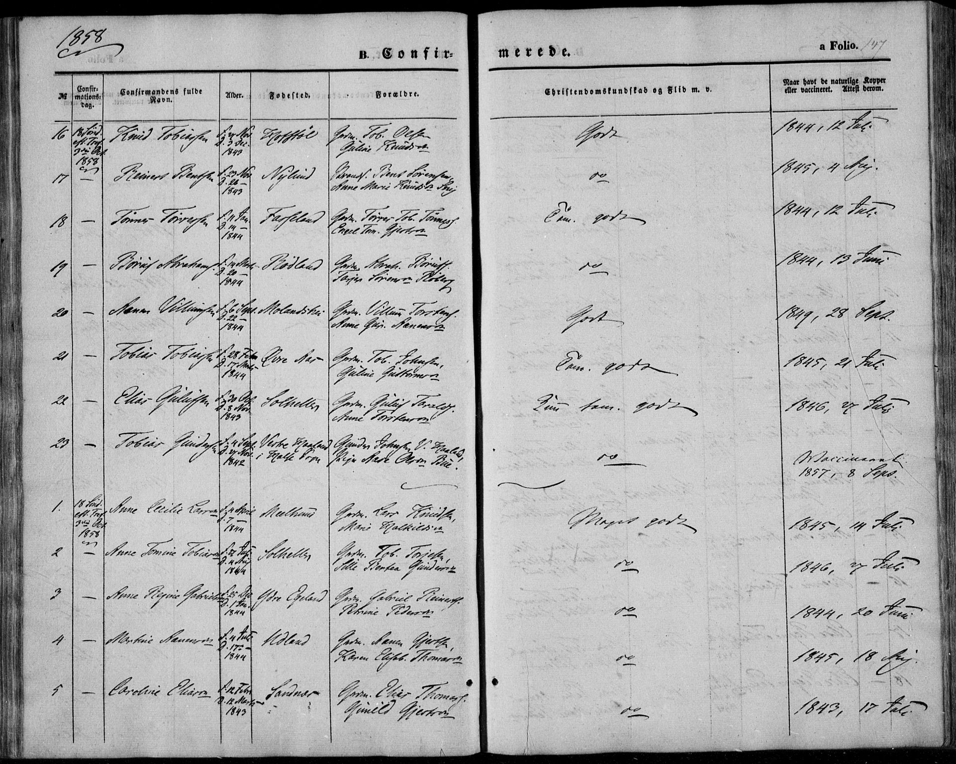 Sør-Audnedal sokneprestkontor, AV/SAK-1111-0039/F/Fa/Fab/L0007: Parish register (official) no. A 7, 1855-1876, p. 147