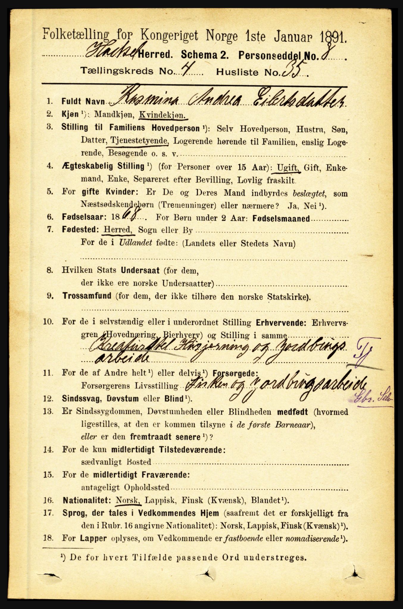 RA, 1891 census for 1866 Hadsel, 1891, p. 1931