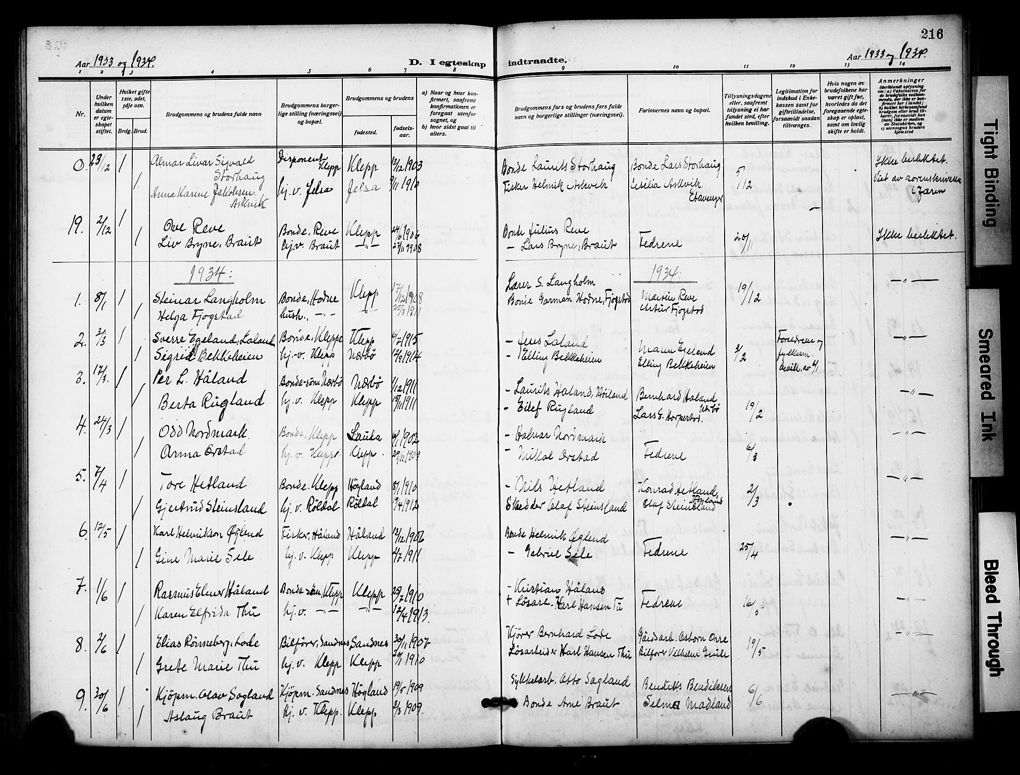 Klepp sokneprestkontor, AV/SAST-A-101803/001/3/30BB/L0007: Parish register (copy) no. B 7, 1908-1934, p. 216