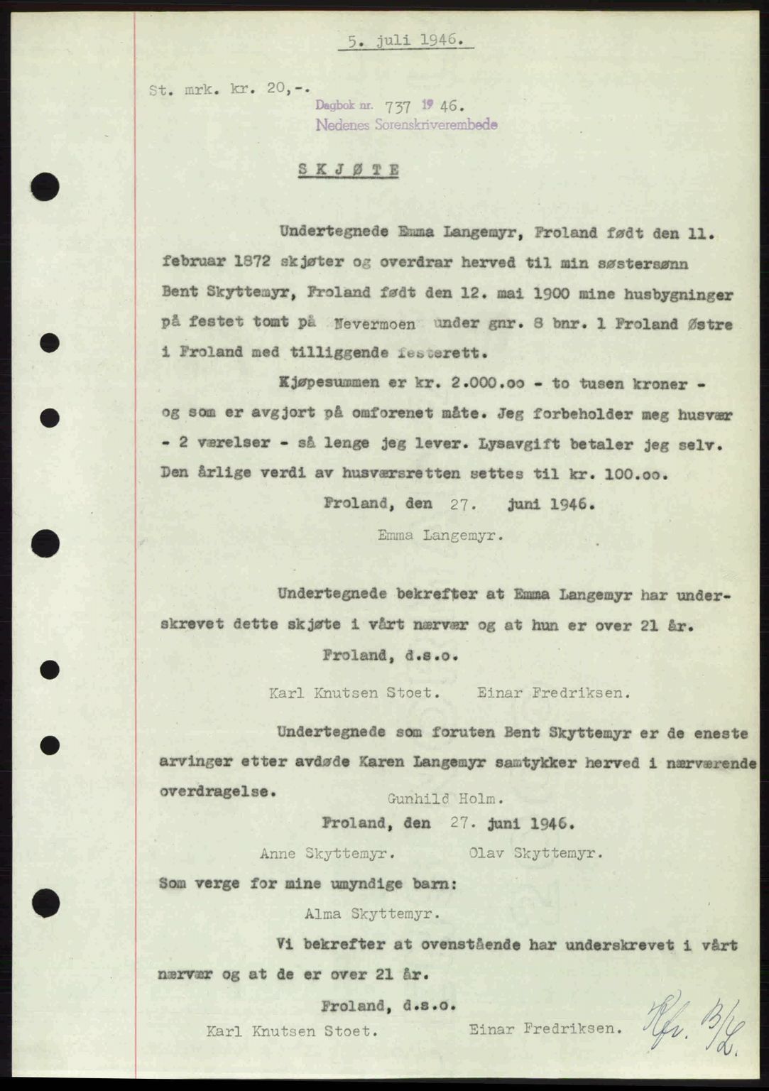 Nedenes sorenskriveri, SAK/1221-0006/G/Gb/Gba/L0055: Mortgage book no. A7, 1946-1946, Diary no: : 737/1946