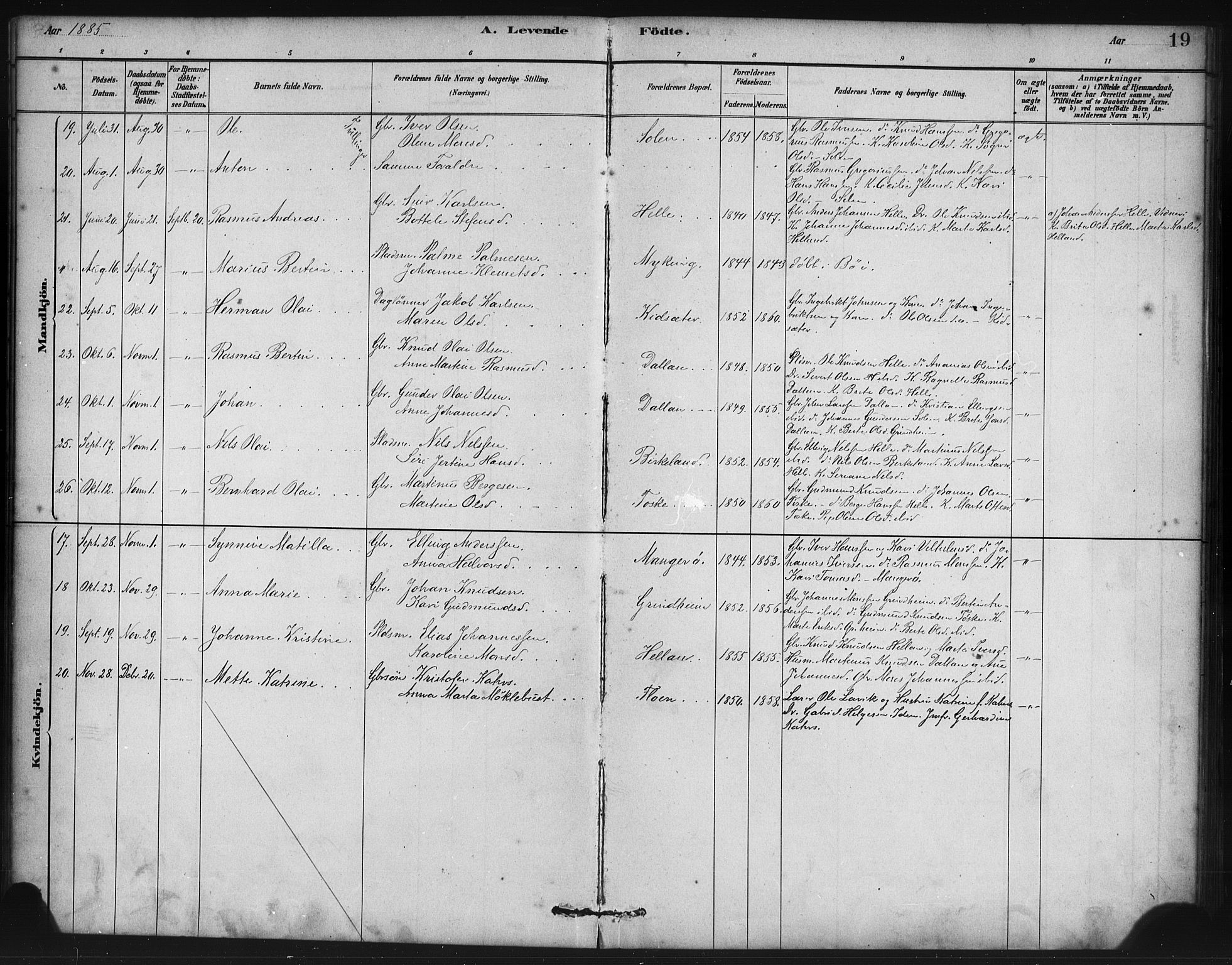 Manger sokneprestembete, SAB/A-76801/H/Haa: Parish register (official) no. B 1, 1881-1892, p. 19