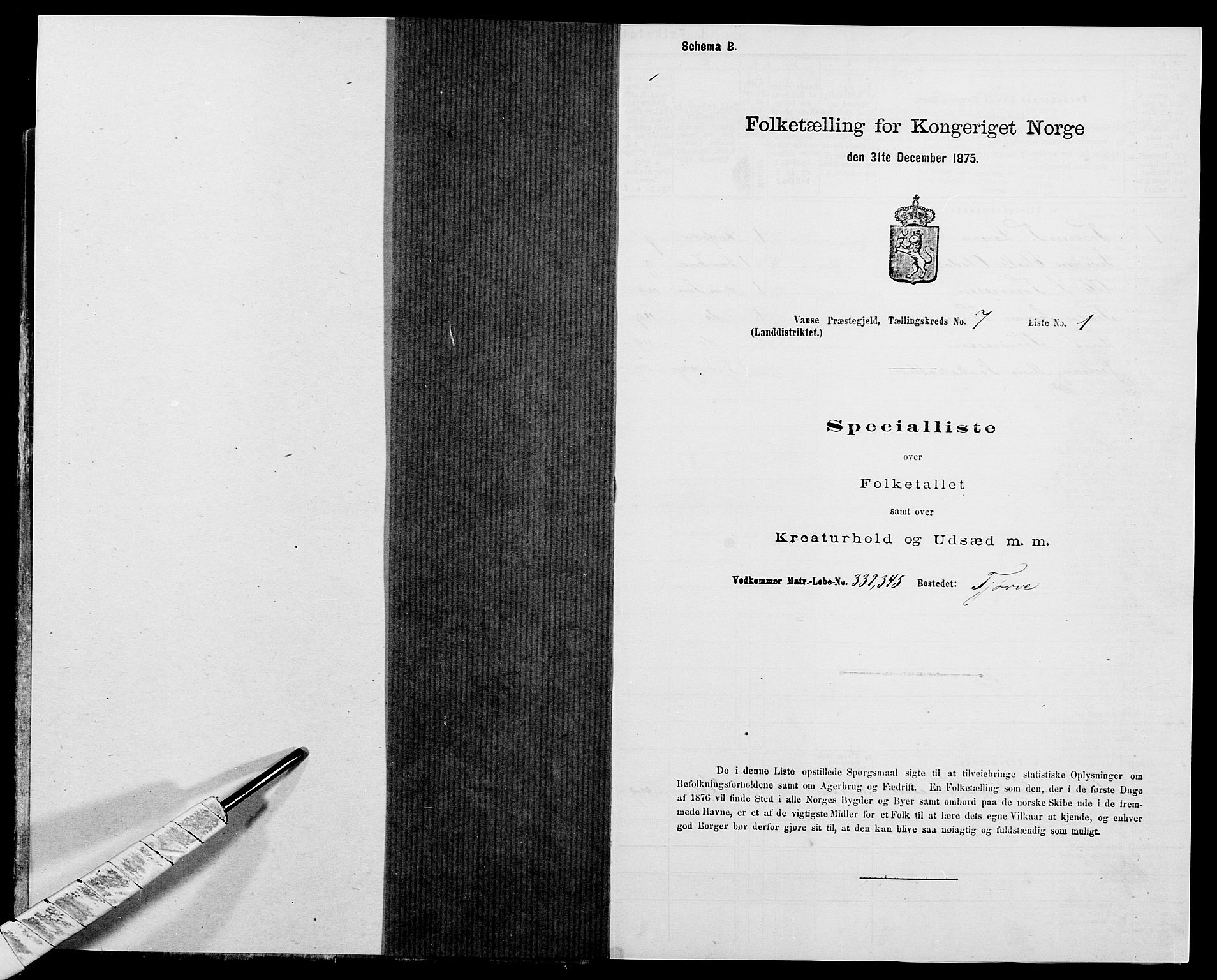 SAK, 1875 census for 1041L Vanse/Vanse og Farsund, 1875, p. 1175