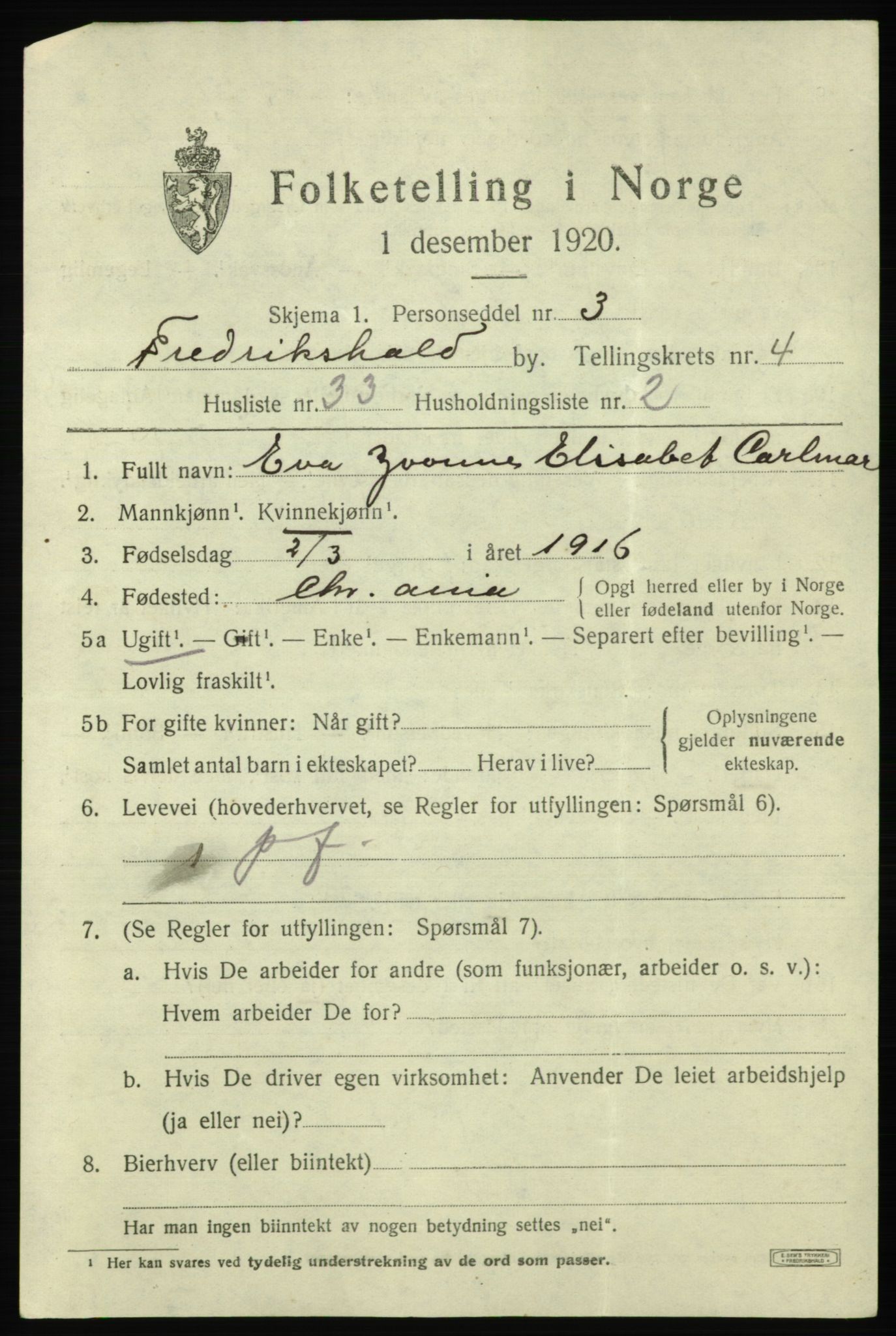 SAO, 1920 census for Fredrikshald, 1920, p. 11857