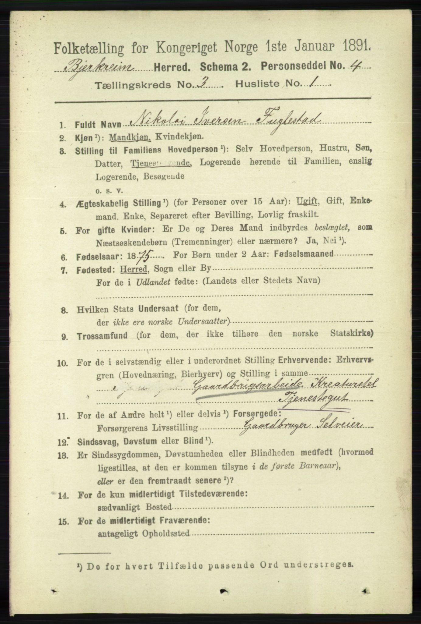 RA, 1891 census for 1114 Bjerkreim, 1891, p. 895