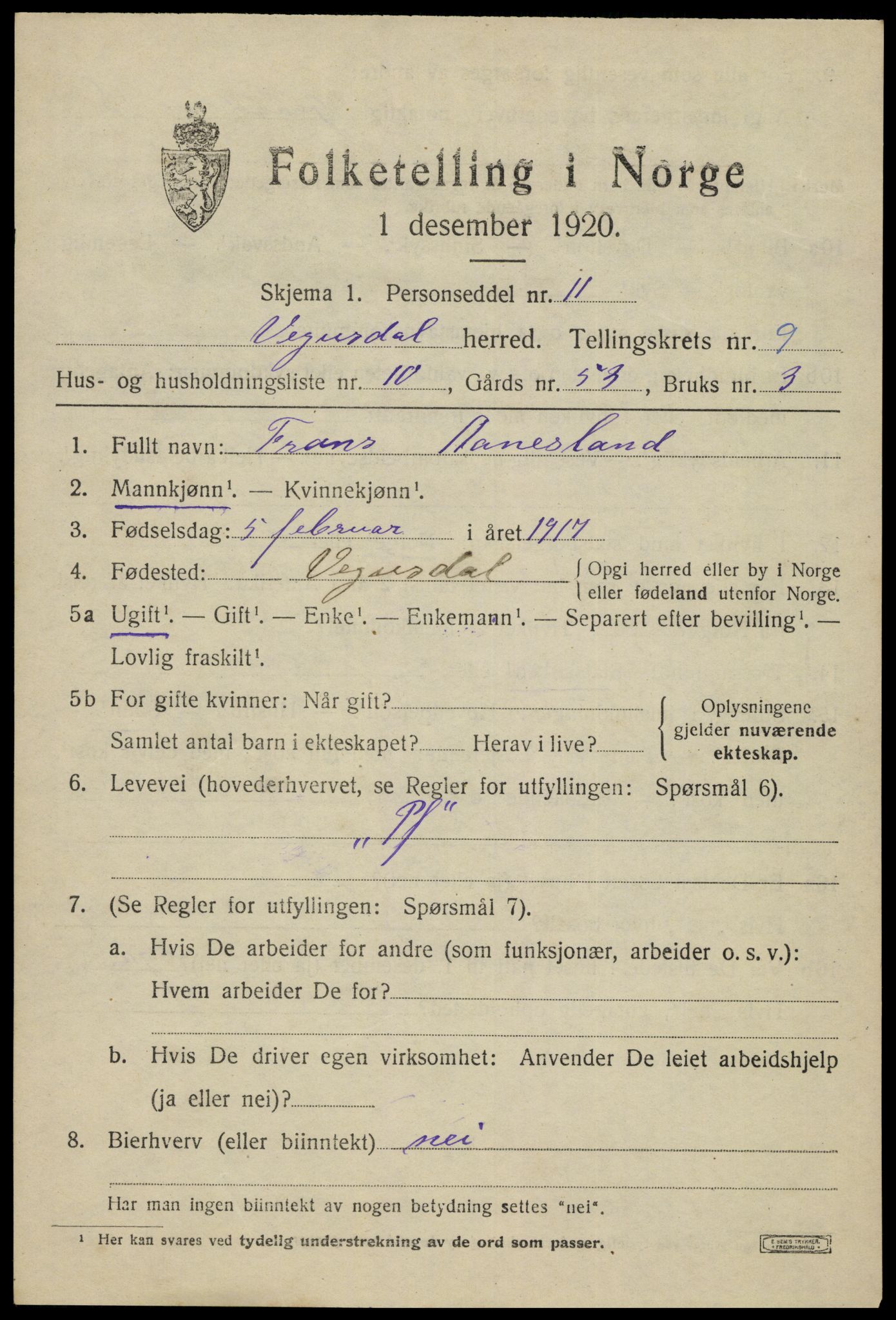 SAK, 1920 census for Vegusdal, 1920, p. 2055