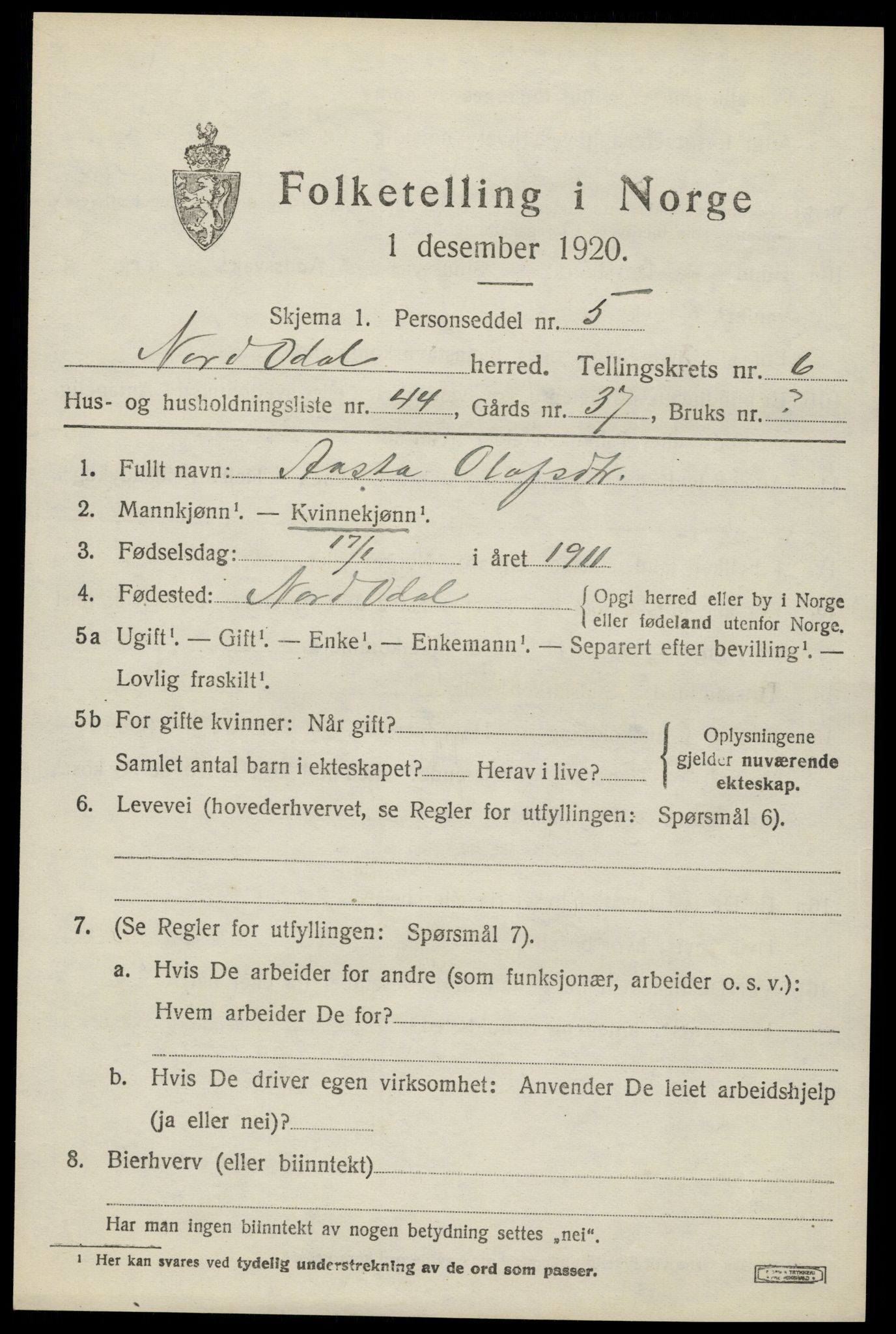 SAH, 1920 census for Nord-Odal, 1920, p. 7089