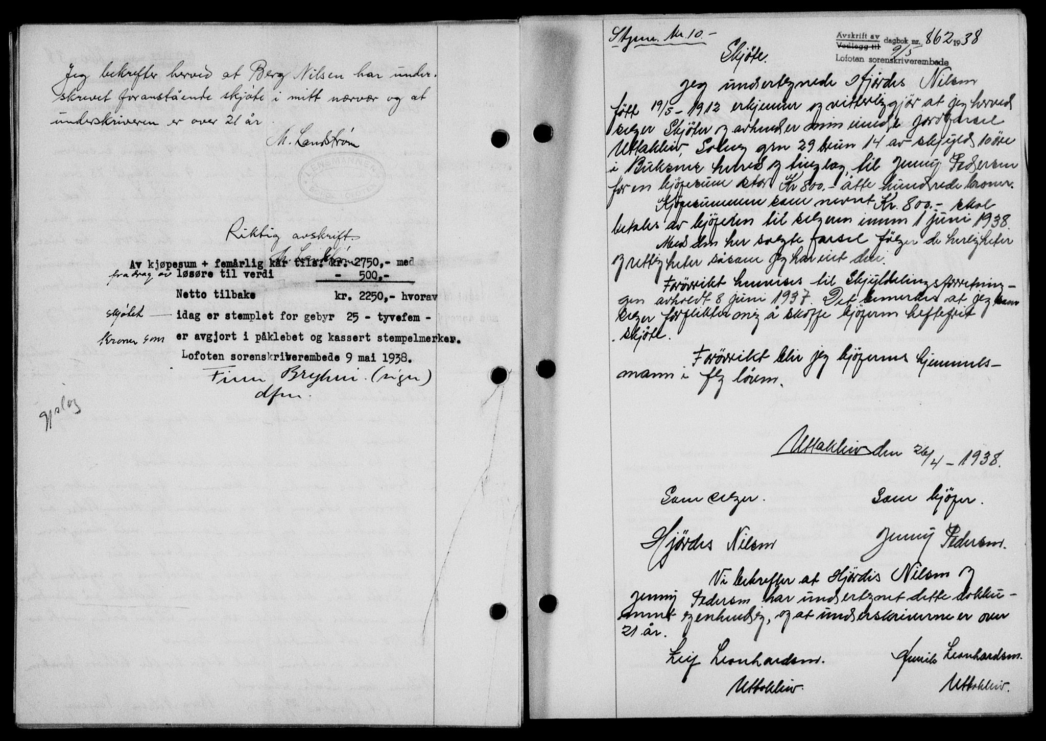 Lofoten sorenskriveri, SAT/A-0017/1/2/2C/L0004a: Mortgage book no. 4a, 1938-1938, Diary no: : 862/1938