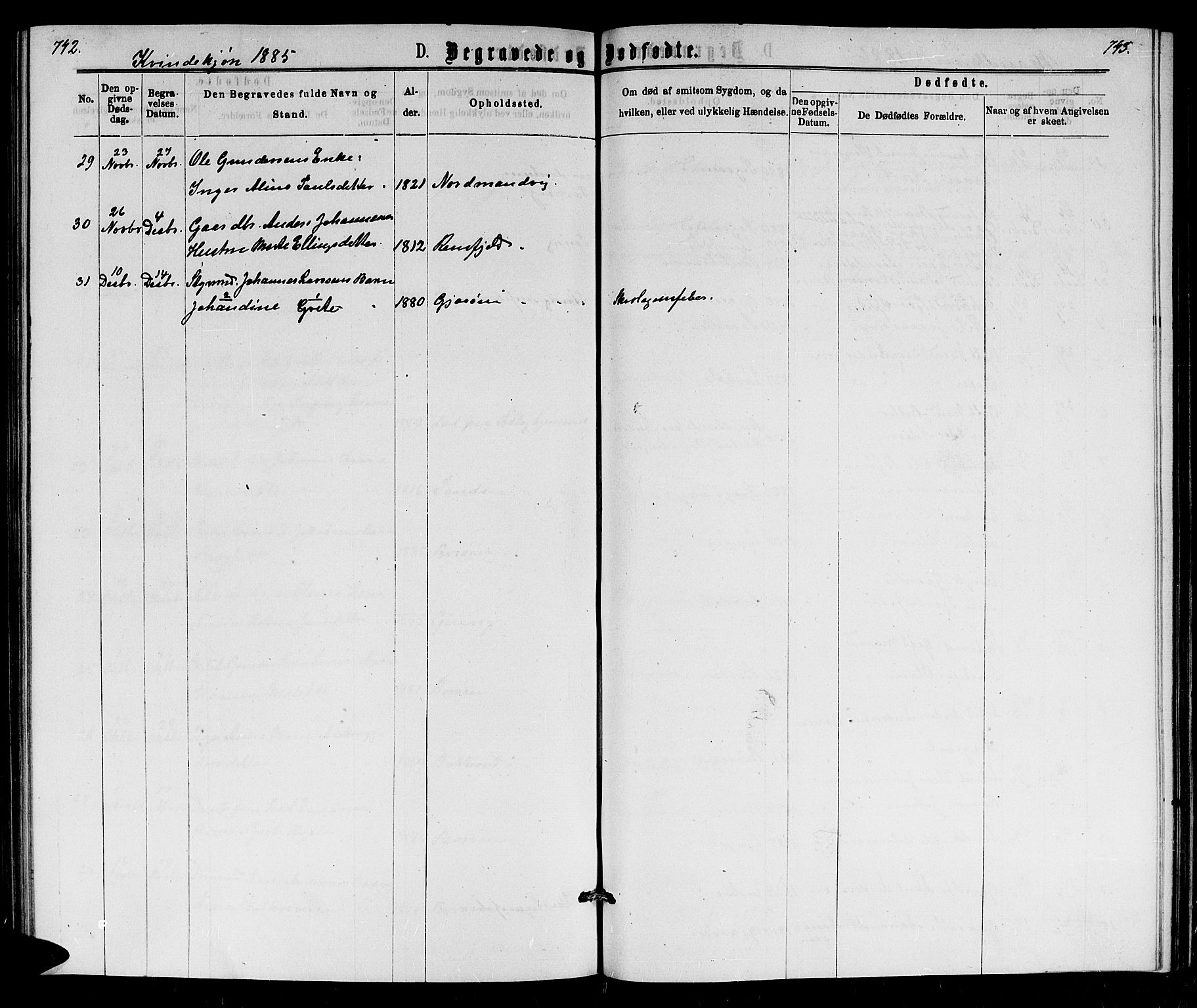 Dypvåg sokneprestkontor, AV/SAK-1111-0007/F/Fb/Fba/L0012: Parish register (copy) no. B 12, 1872-1886, p. 742-743