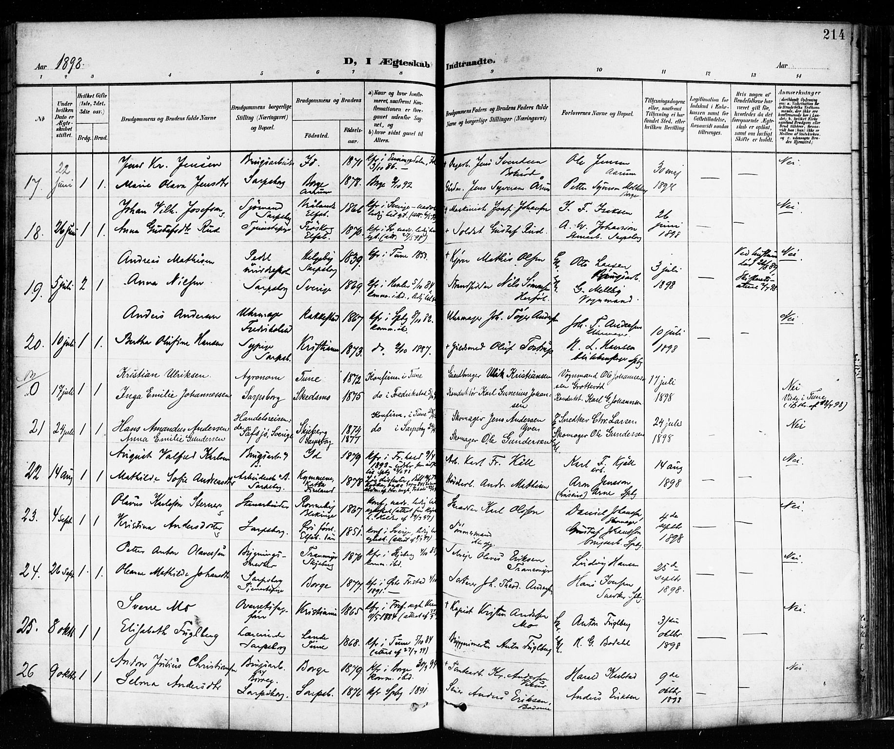 Sarpsborg prestekontor Kirkebøker, AV/SAO-A-2006/F/Fa/L0004: Parish register (official) no. 4, 1892-1899, p. 214