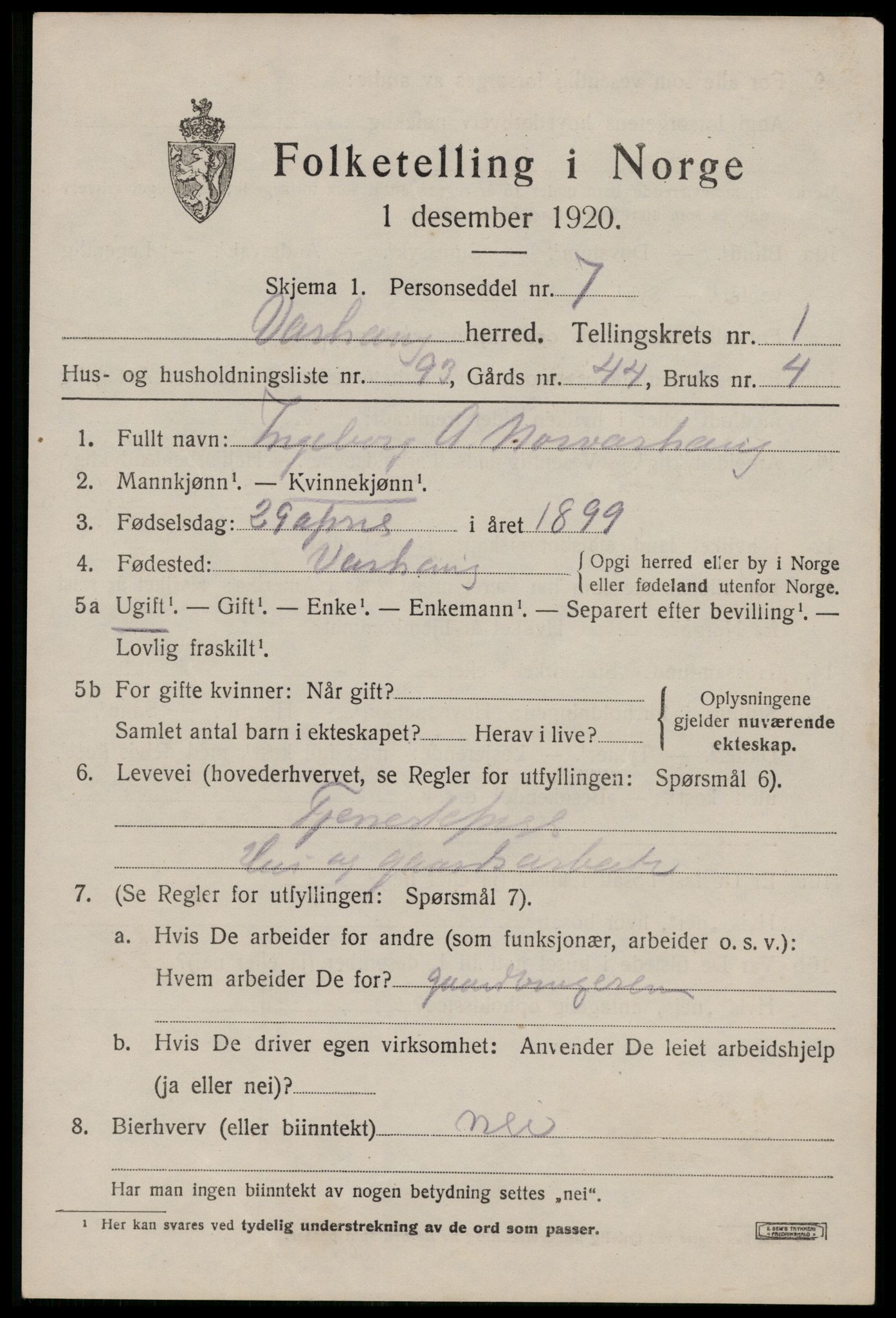 SAST, 1920 census for Varhaug, 1920, p. 1975