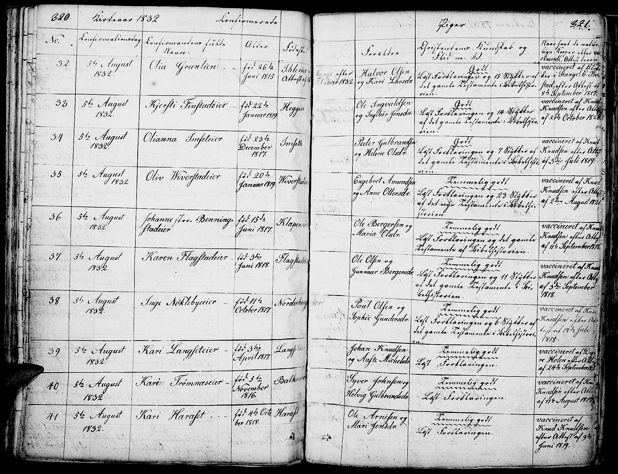 Løten prestekontor, SAH/PREST-022/K/Ka/L0006: Parish register (official) no. 6, 1832-1849, p. 320-321