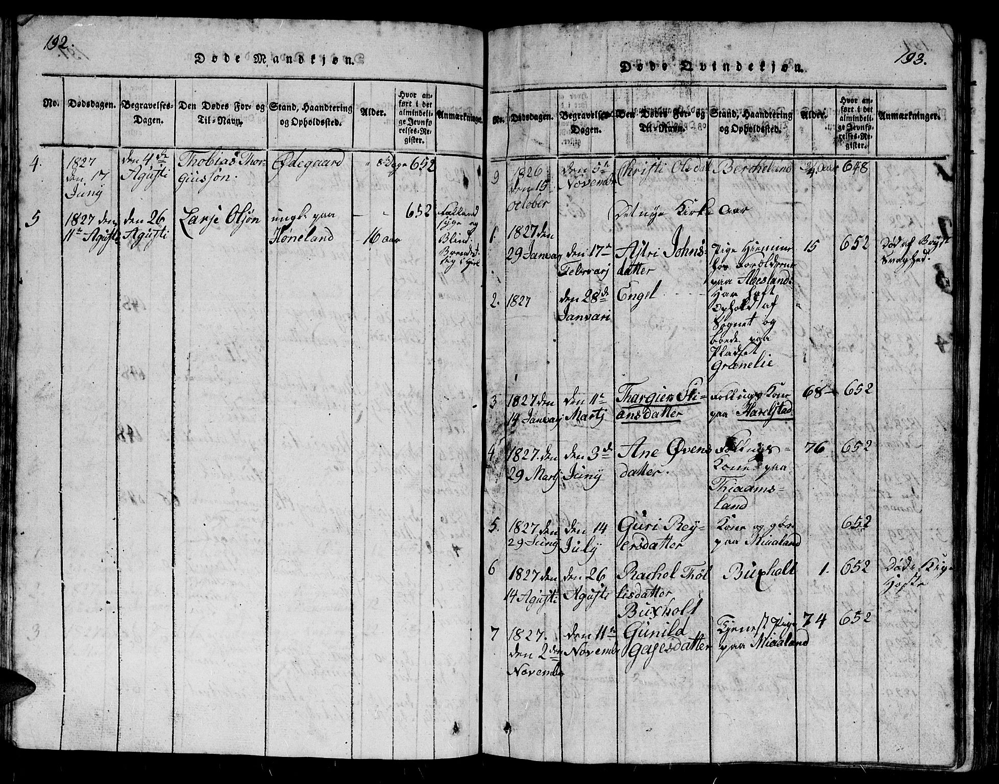 Holum sokneprestkontor, AV/SAK-1111-0022/F/Fb/Fbb/L0001: Parish register (copy) no. B 1, 1820-1847, p. 192-193