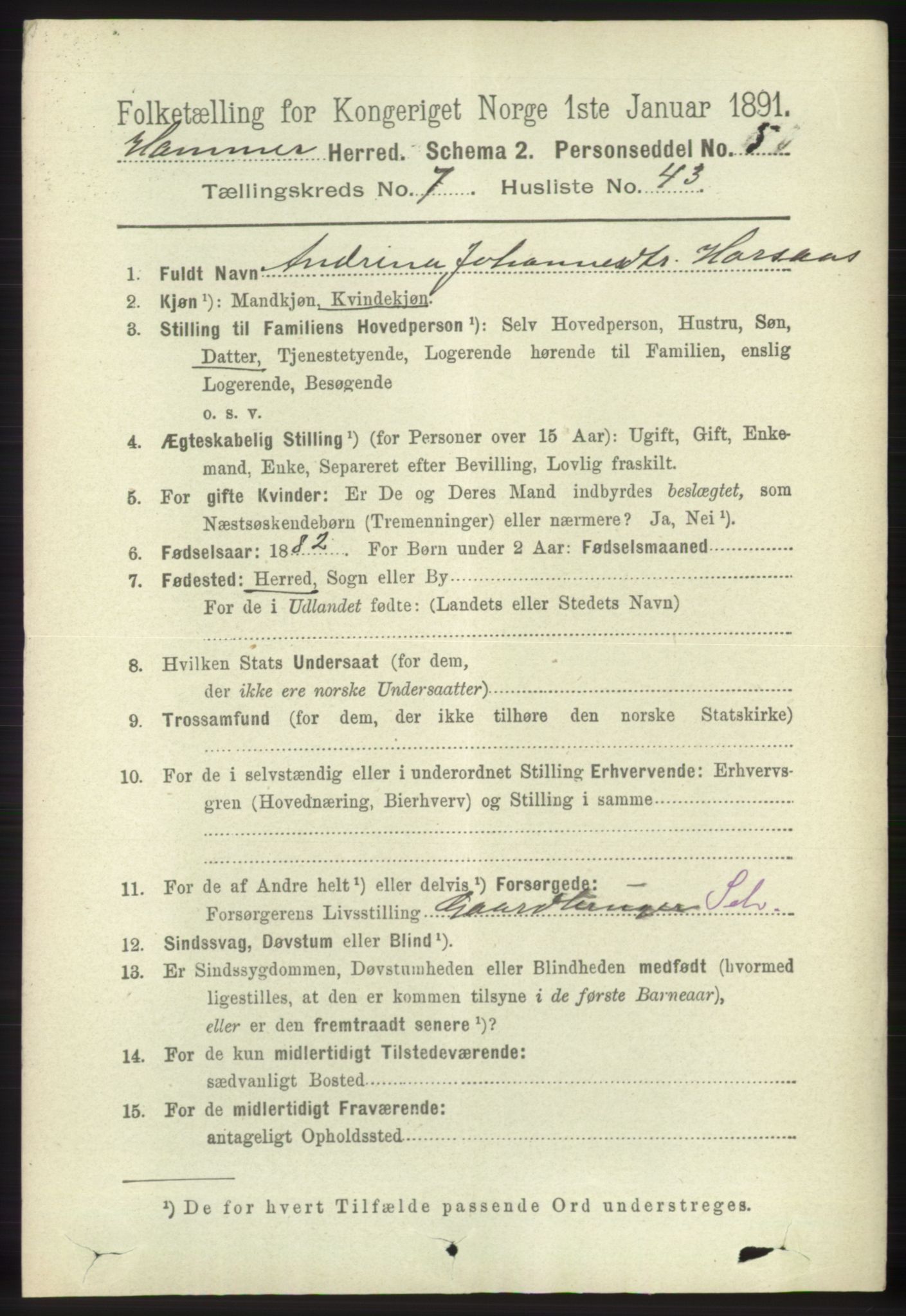 RA, 1891 census for 1254 Hamre, 1891, p. 1960