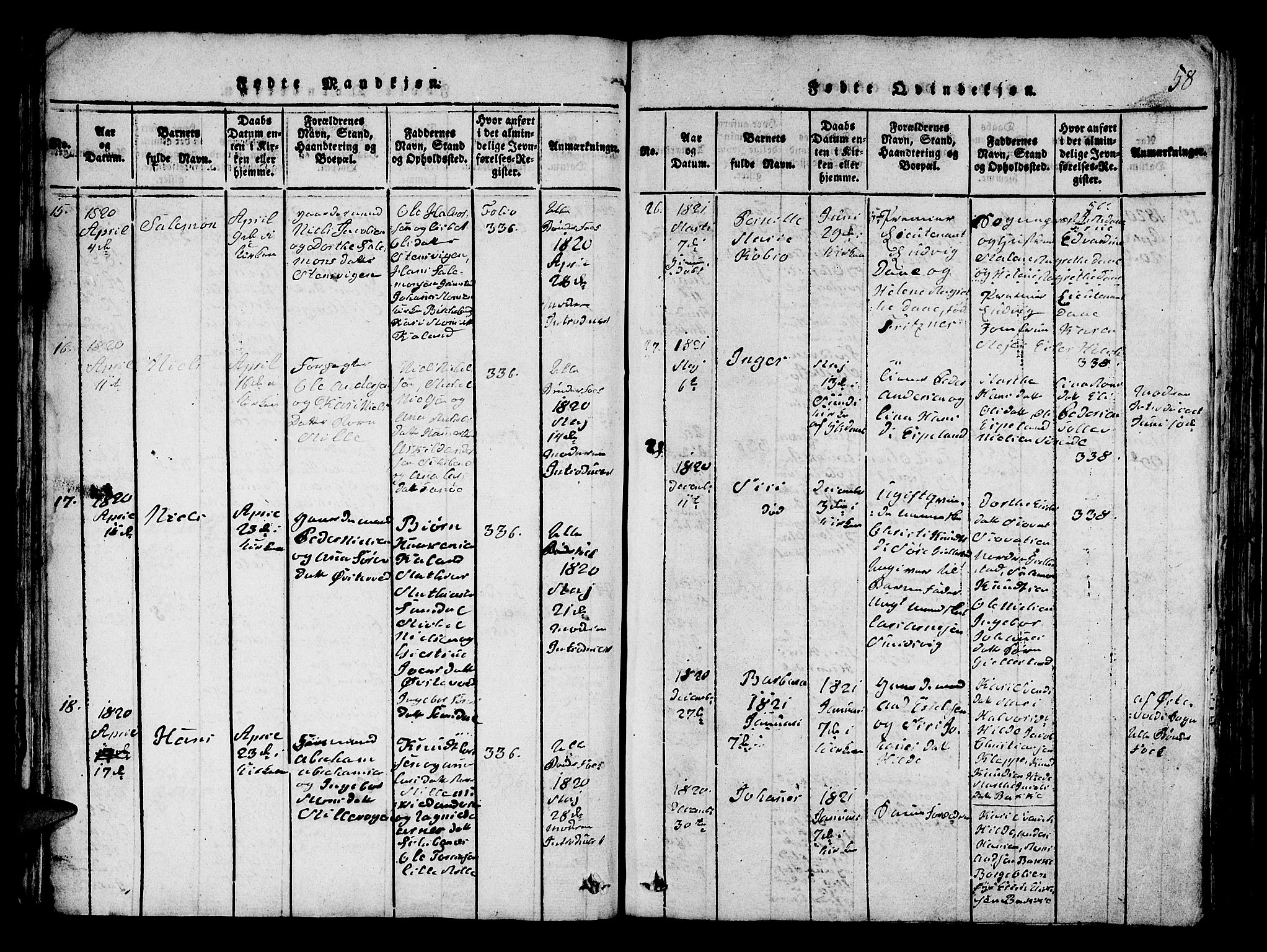 Fana Sokneprestembete, AV/SAB-A-75101/H/Hab/Haba/L0001: Parish register (copy) no. A 1, 1816-1836, p. 58