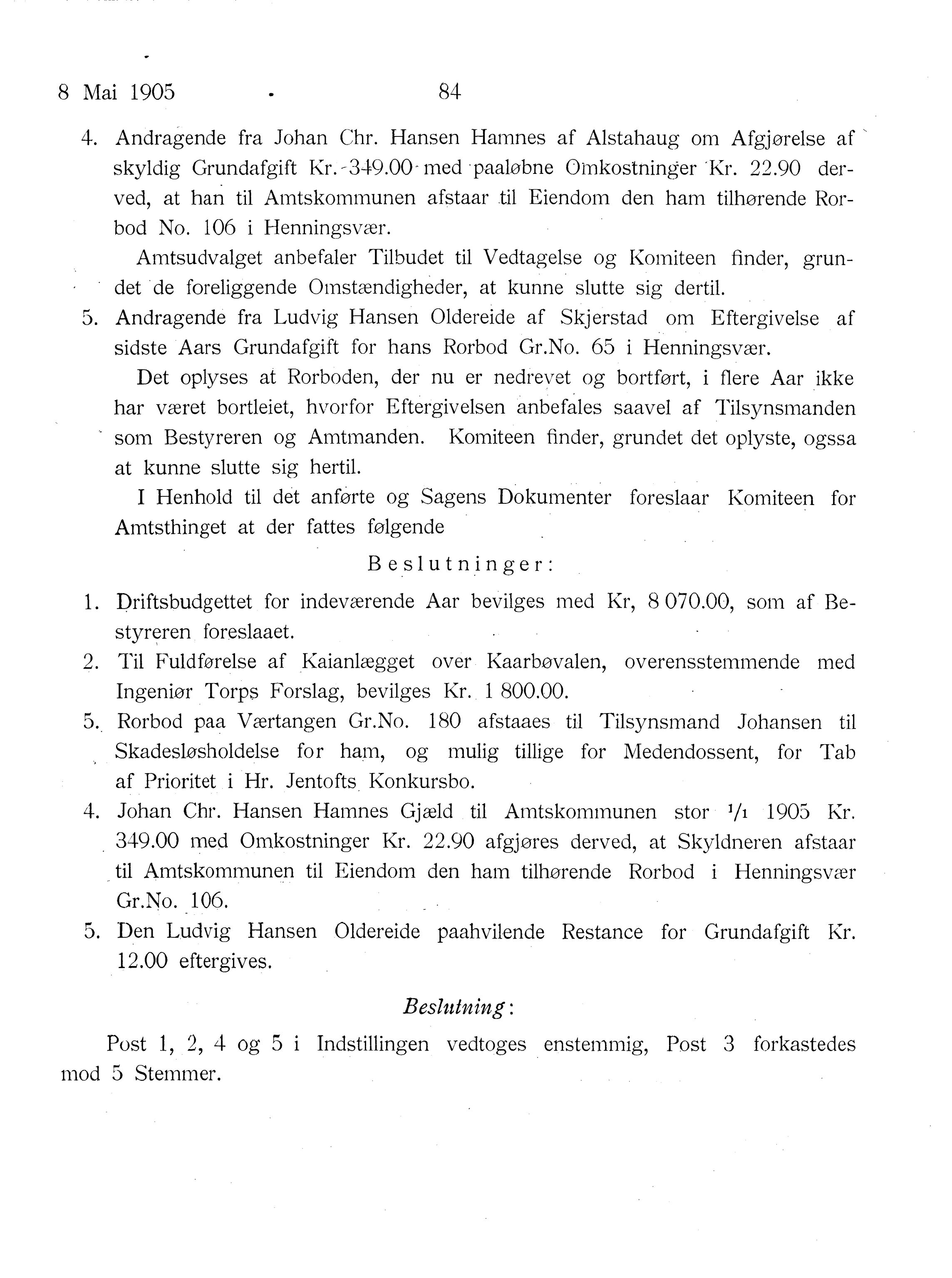 Nordland Fylkeskommune. Fylkestinget, AIN/NFK-17/176/A/Ac/L0028: Fylkestingsforhandlinger 1905, 1905