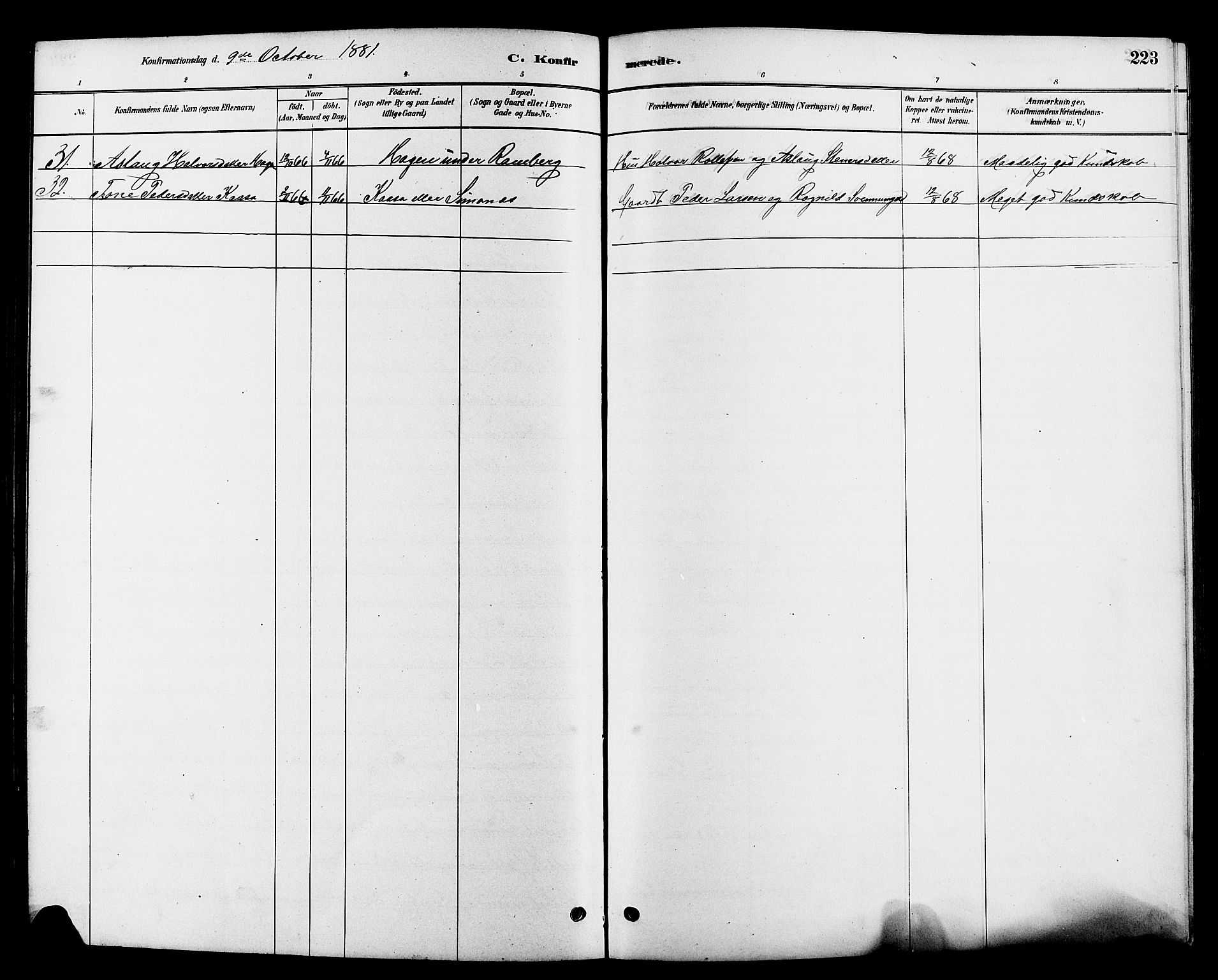 Heddal kirkebøker, SAKO/A-268/G/Ga/L0002: Parish register (copy) no. I 2, 1879-1908, p. 223