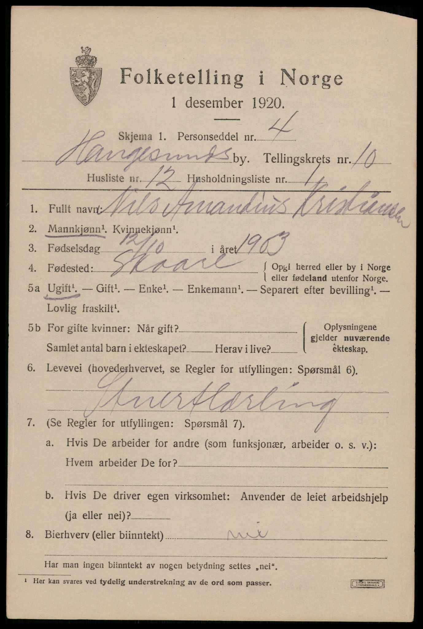 SAST, 1920 census for Haugesund, 1920, p. 33889
