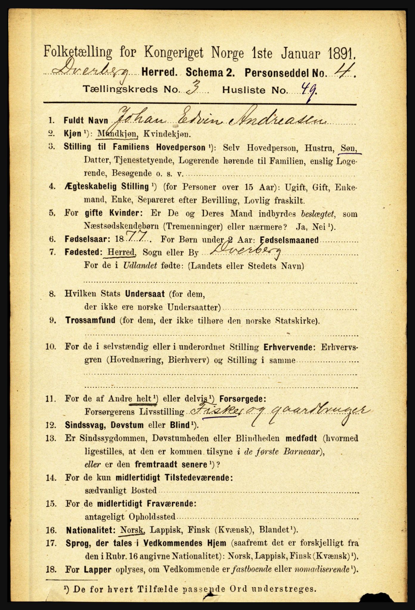 RA, 1891 census for 1872 Dverberg, 1891, p. 1236