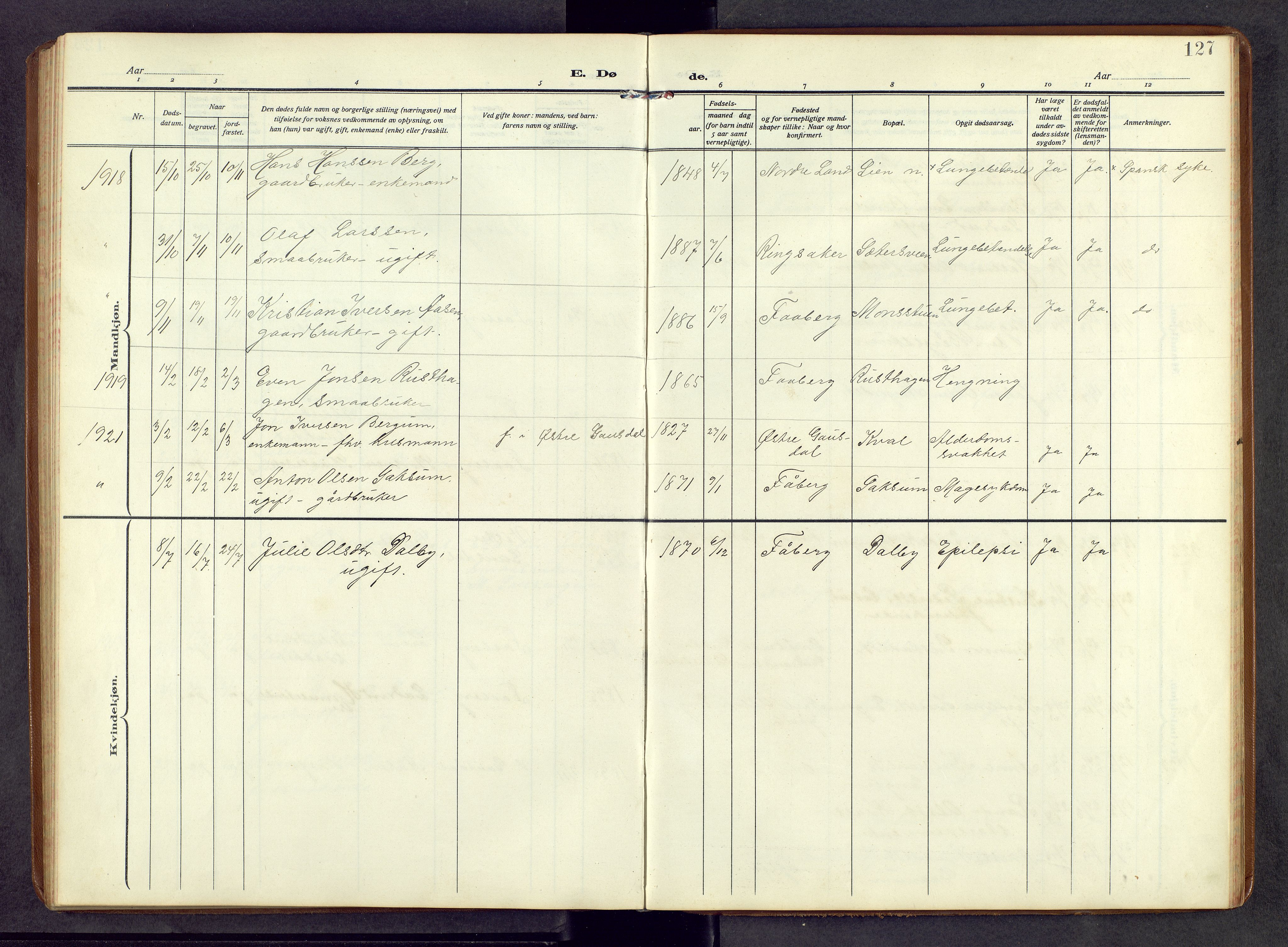 Fåberg prestekontor, AV/SAH-PREST-086/H/Ha/Hab/L0013: Parish register (copy) no. 13, 1909-1971, p. 127