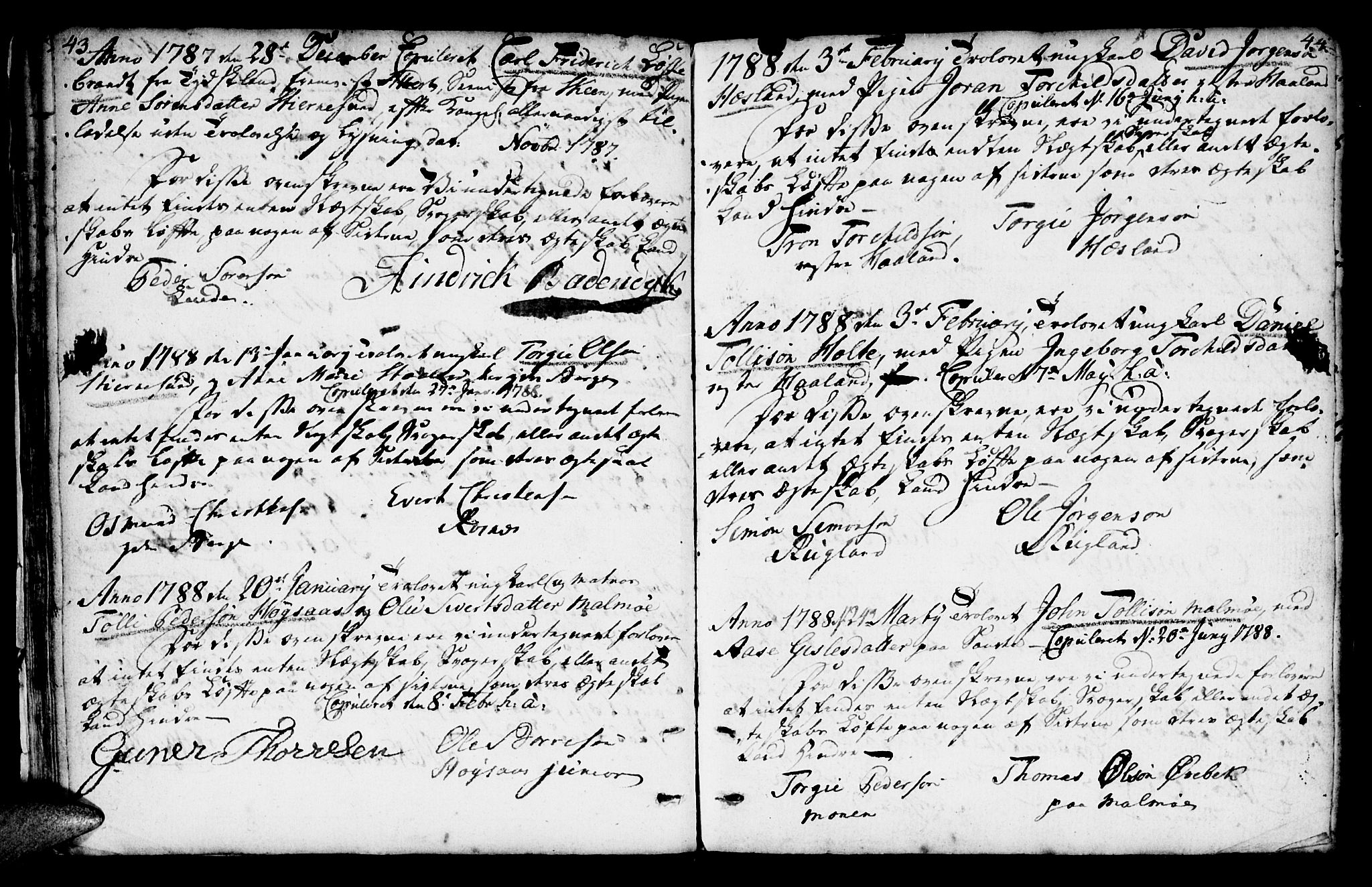 Mandal sokneprestkontor, SAK/1111-0030/F/Fa/Faa/L0007: Parish register (official) no. A 7, 1783-1818, p. 43-44