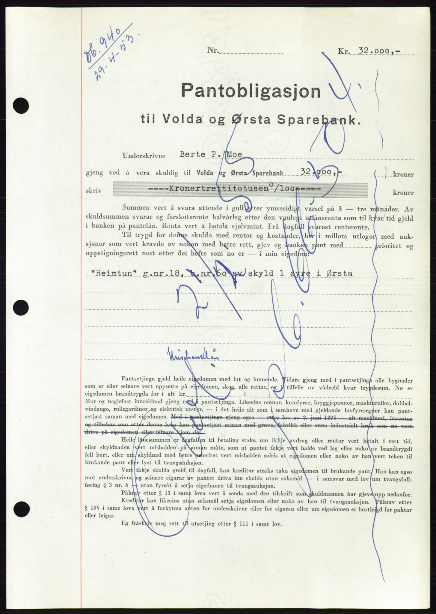 Søre Sunnmøre sorenskriveri, AV/SAT-A-4122/1/2/2C/L0123: Mortgage book no. 11B, 1953-1953, Diary no: : 940/1953