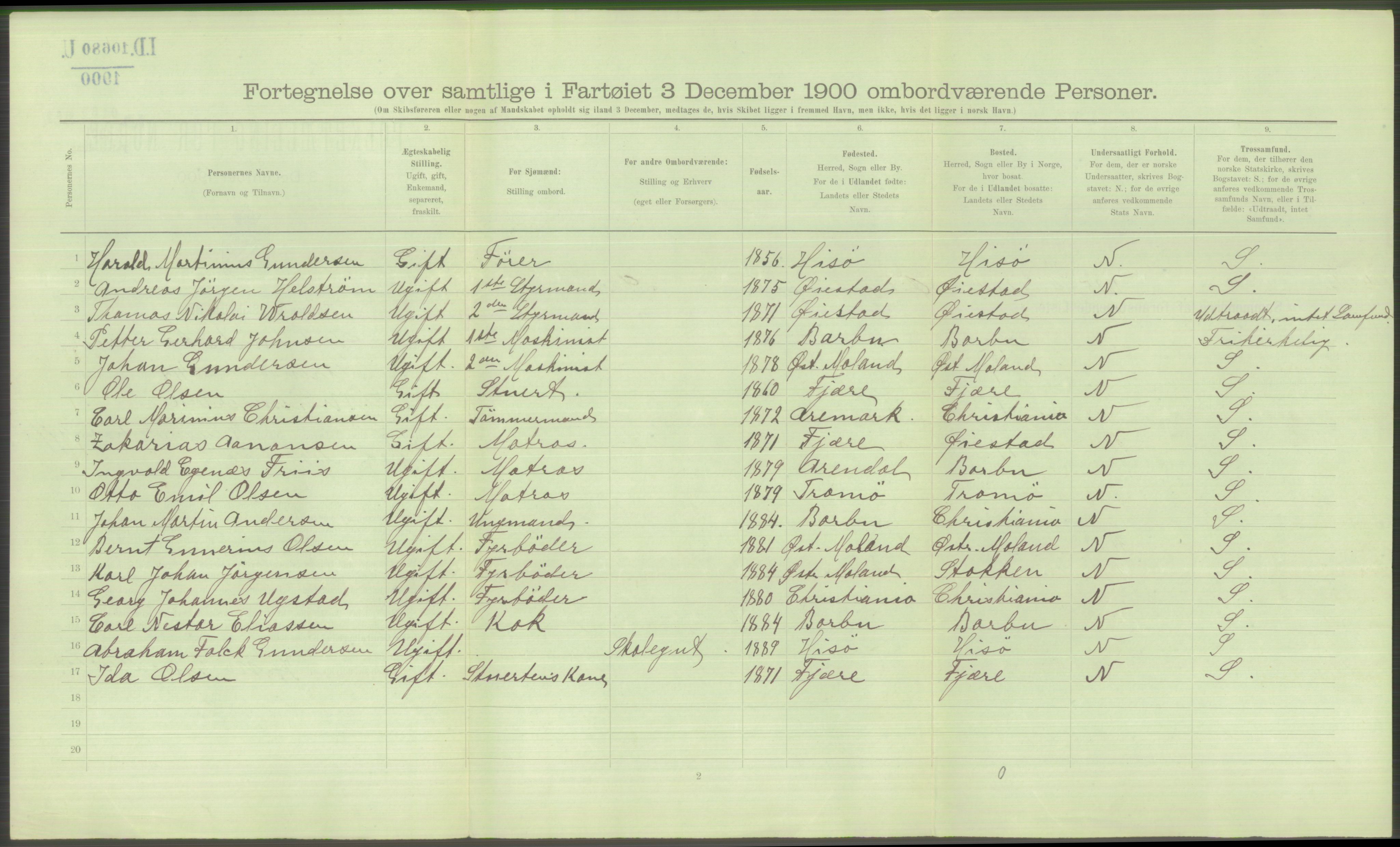 RA, 1900 Census - ship lists from ships in Norwegian harbours, harbours abroad and at sea, 1900, p. 4714