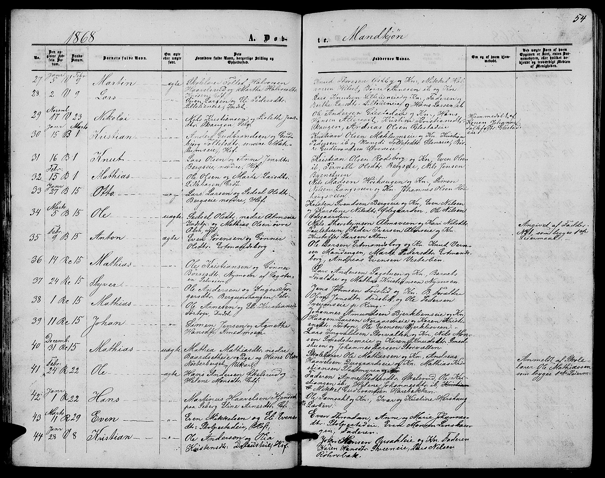 Ringsaker prestekontor, AV/SAH-PREST-014/L/La/L0007: Parish register (copy) no. 7, 1861-1869, p. 54