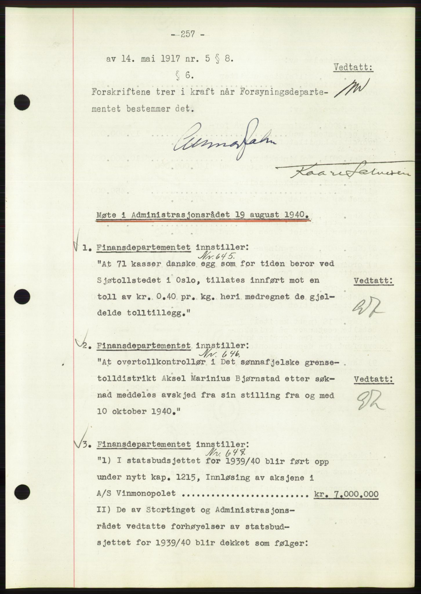 Administrasjonsrådet, AV/RA-S-1004/A/L0002: Vedtaksprotokoll 16/4-25/9, 1940, p. 261