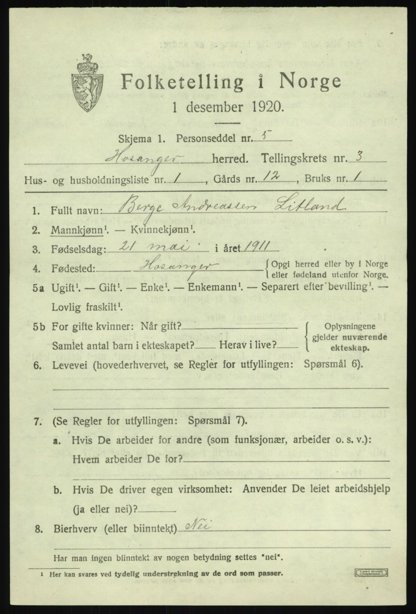 SAB, 1920 census for Hosanger, 1920, p. 1473