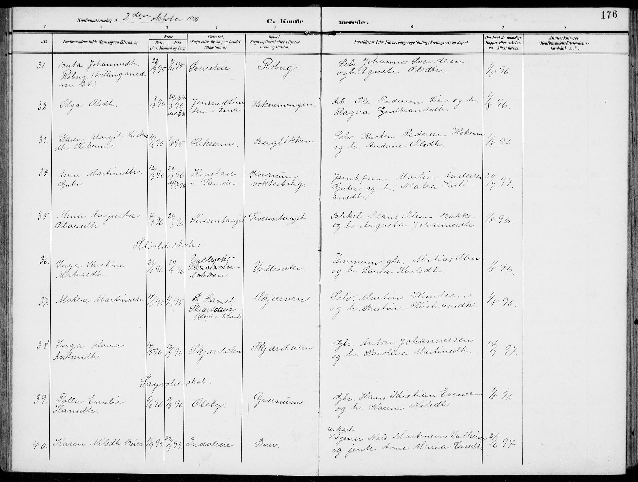 Vestre Toten prestekontor, AV/SAH-PREST-108/H/Ha/Haa/L0014: Parish register (official) no. 14, 1907-1920, p. 176