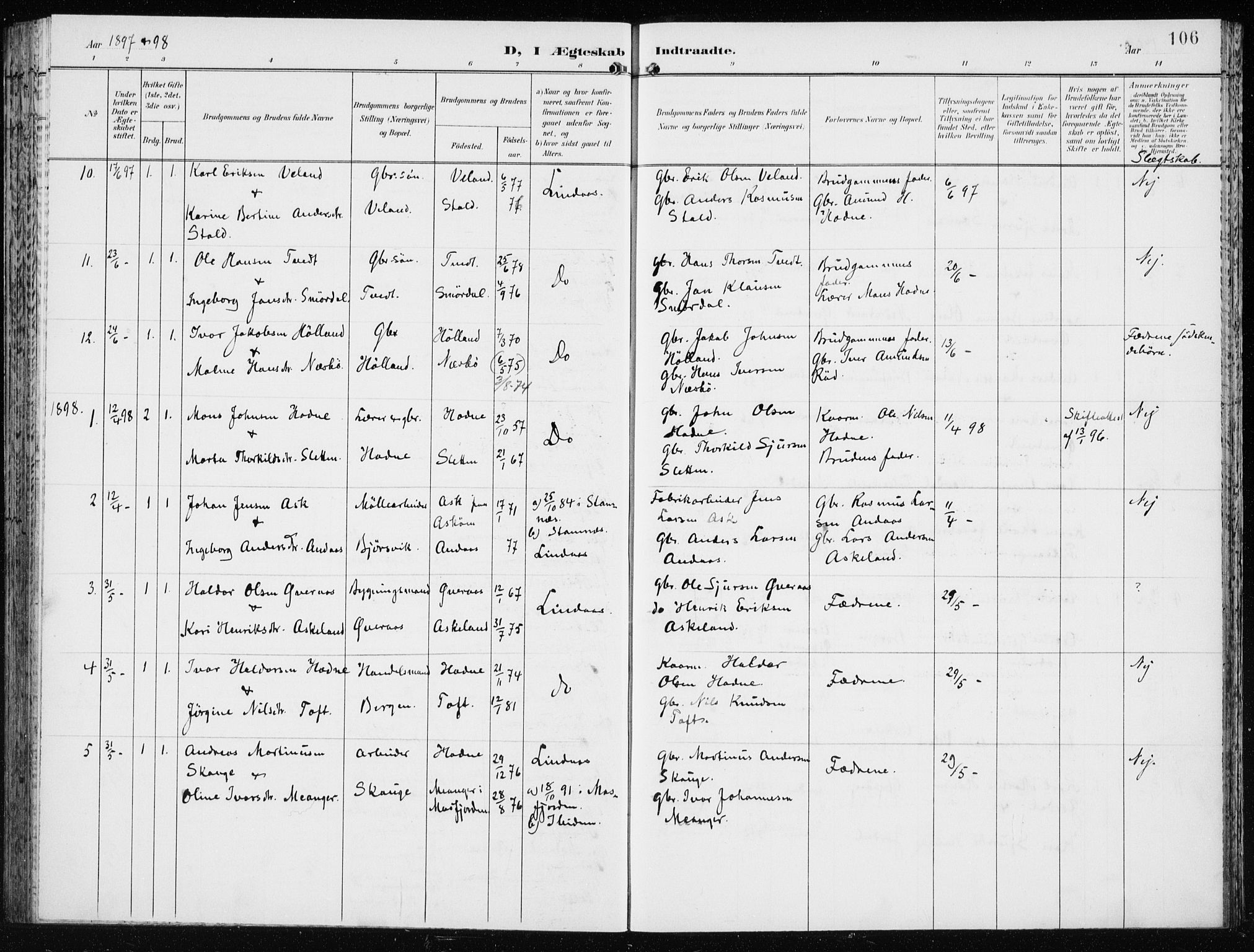 Lindås Sokneprestembete, AV/SAB-A-76701/H/Haa/Haaf/L0002: Parish register (official) no. F  2, 1897-1909, p. 106