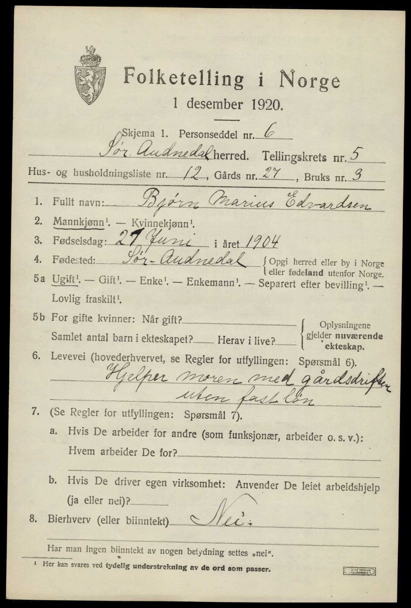 SAK, 1920 census for Sør-Audnedal, 1920, p. 2625