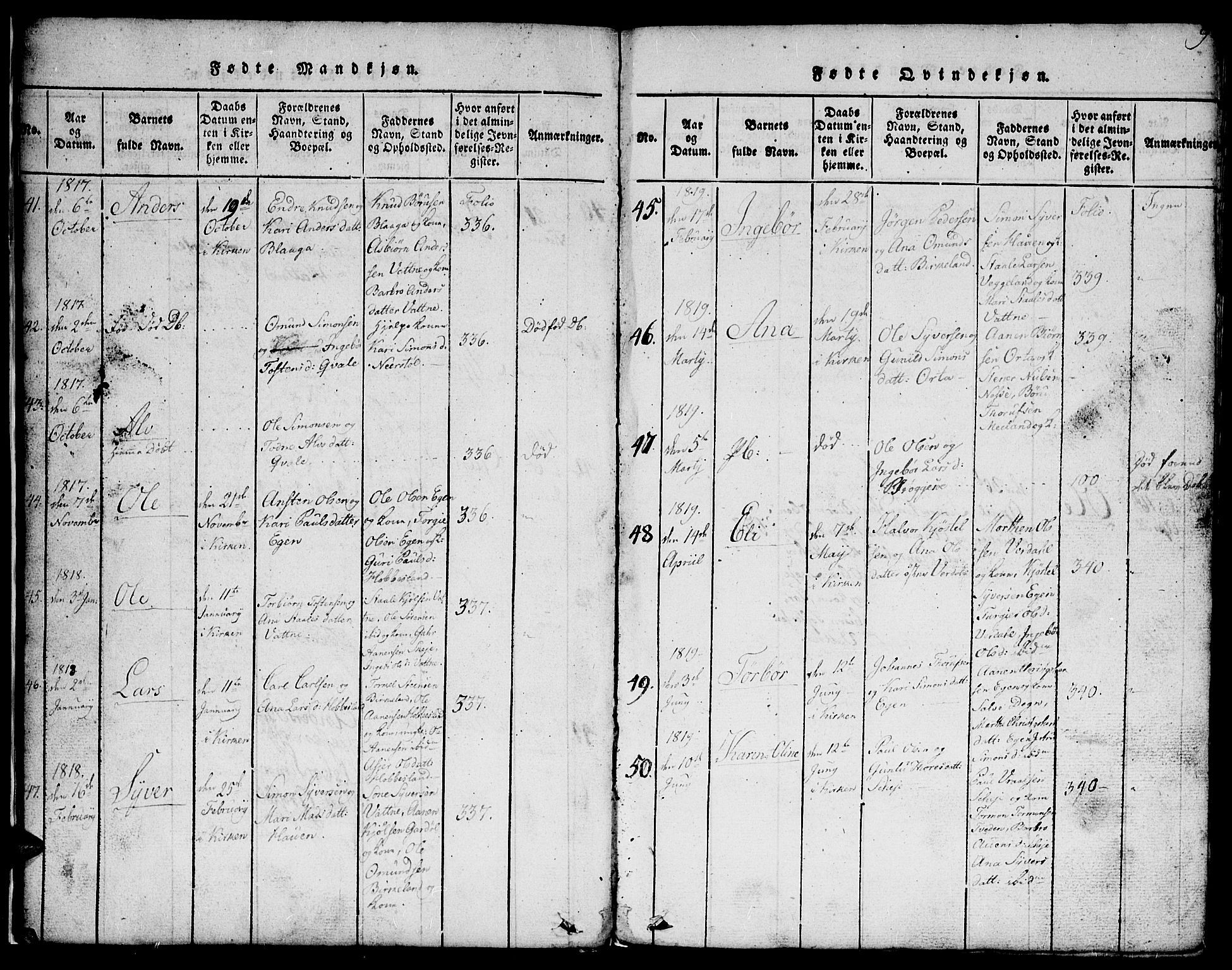 Hægebostad sokneprestkontor, SAK/1111-0024/F/Fb/Fbb/L0001: Parish register (copy) no. B 1, 1816-1850, p. 9