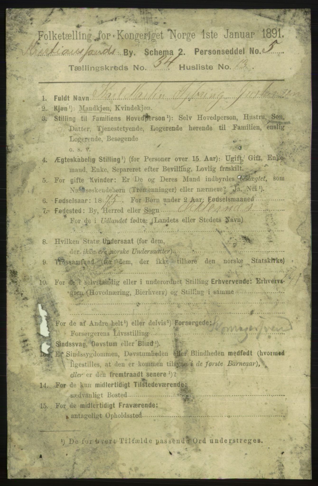 RA, 1891 census for 1001 Kristiansand, 1891, p. 10948