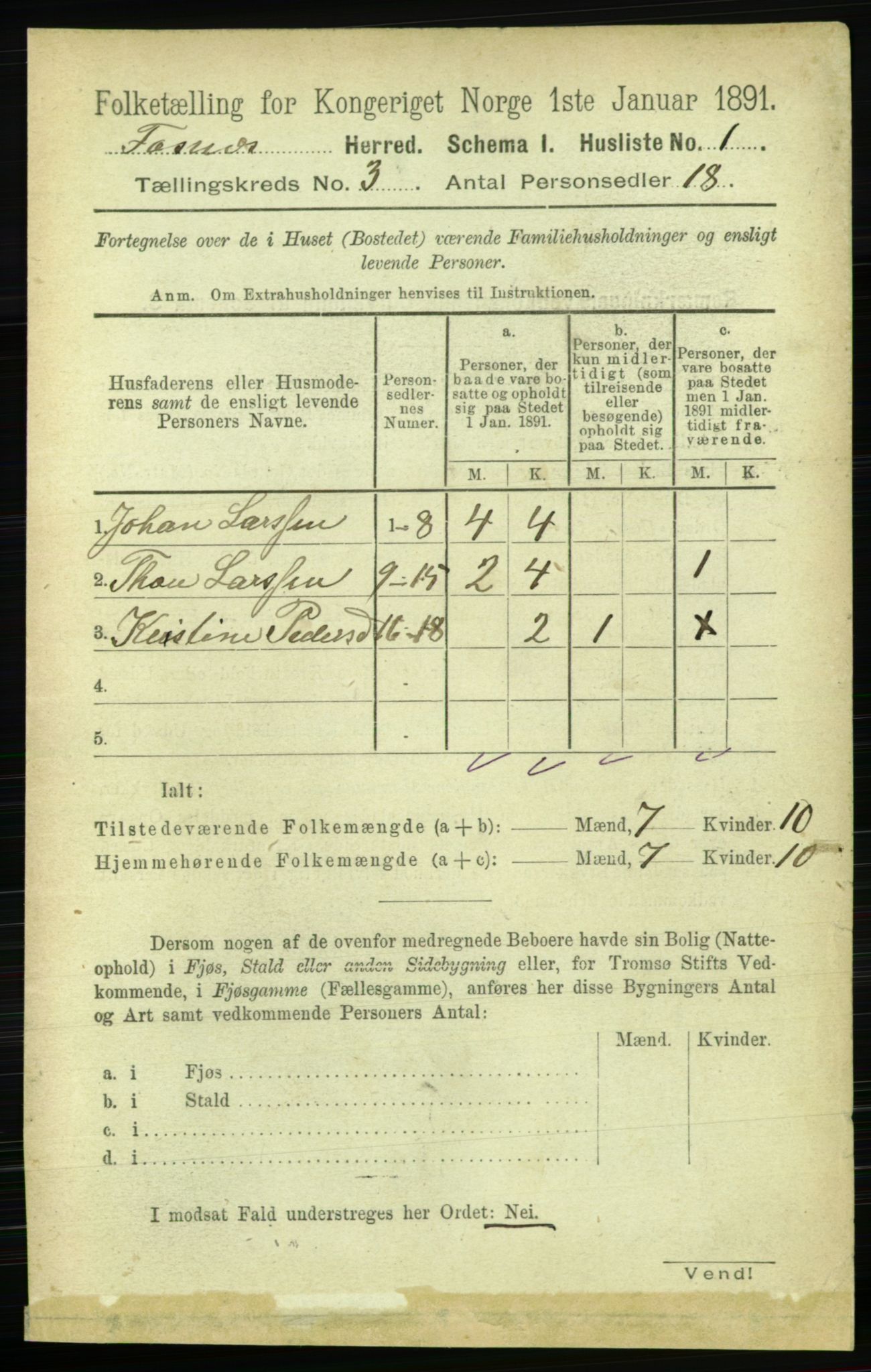 RA, 1891 census for 1748 Fosnes, 1891, p. 606