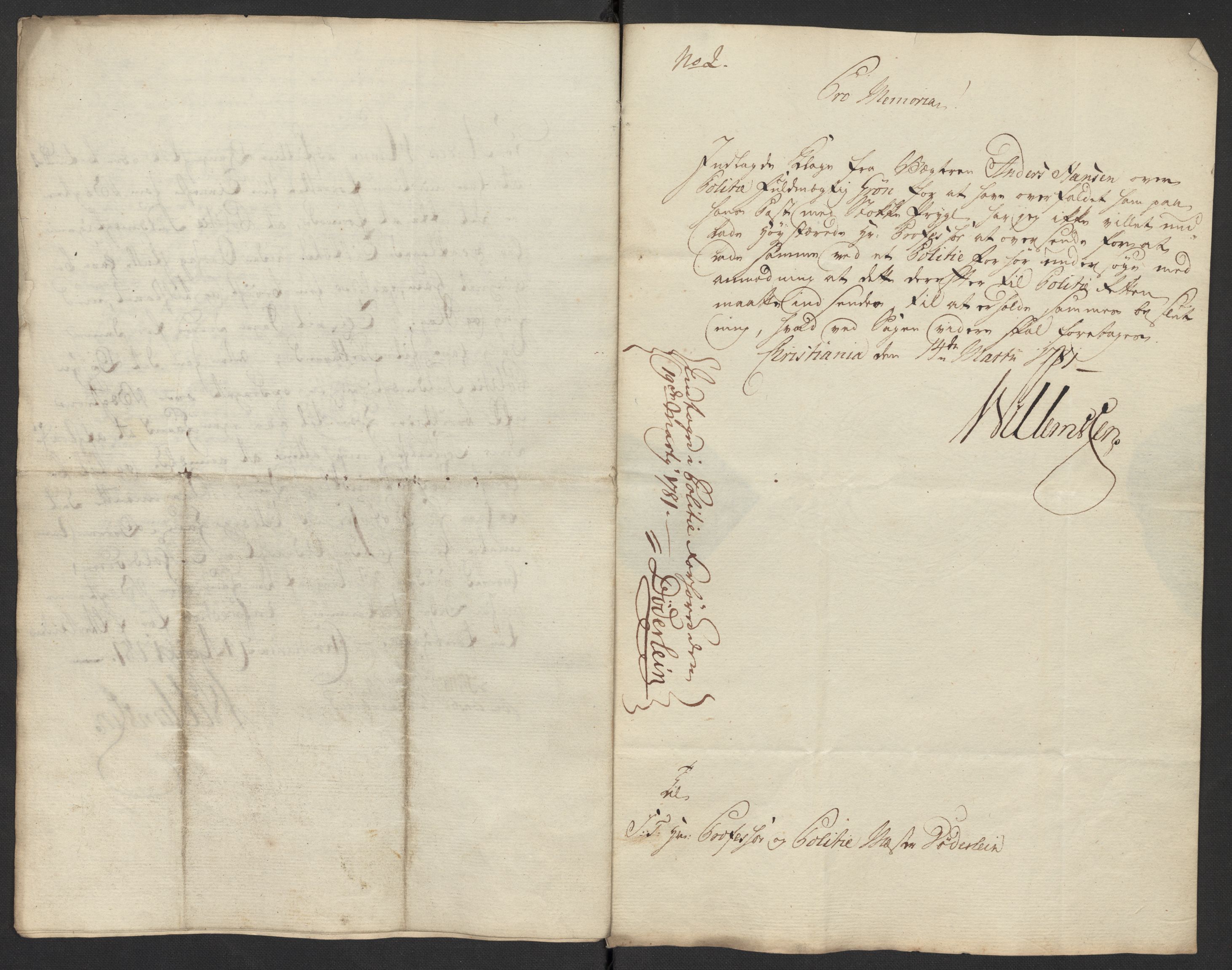 Oslo politidistrikt, AV/SAO-A-10085/D/Da/L0003: Innkomne brev, pro memoria m.v., 1781, p. 282