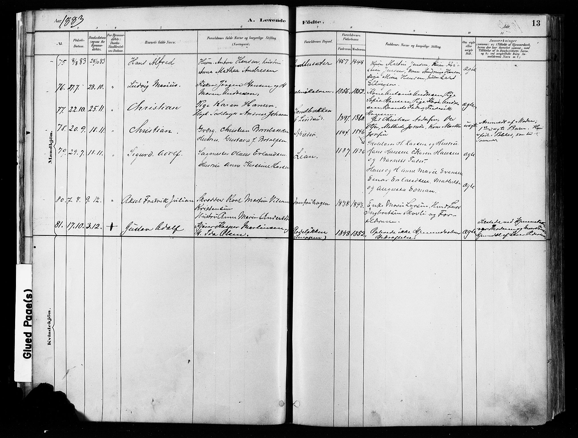 Østre Aker prestekontor Kirkebøker, AV/SAO-A-10840/F/Fa/L0008: Parish register (official) no. I 8, 1883-1894, p. 13