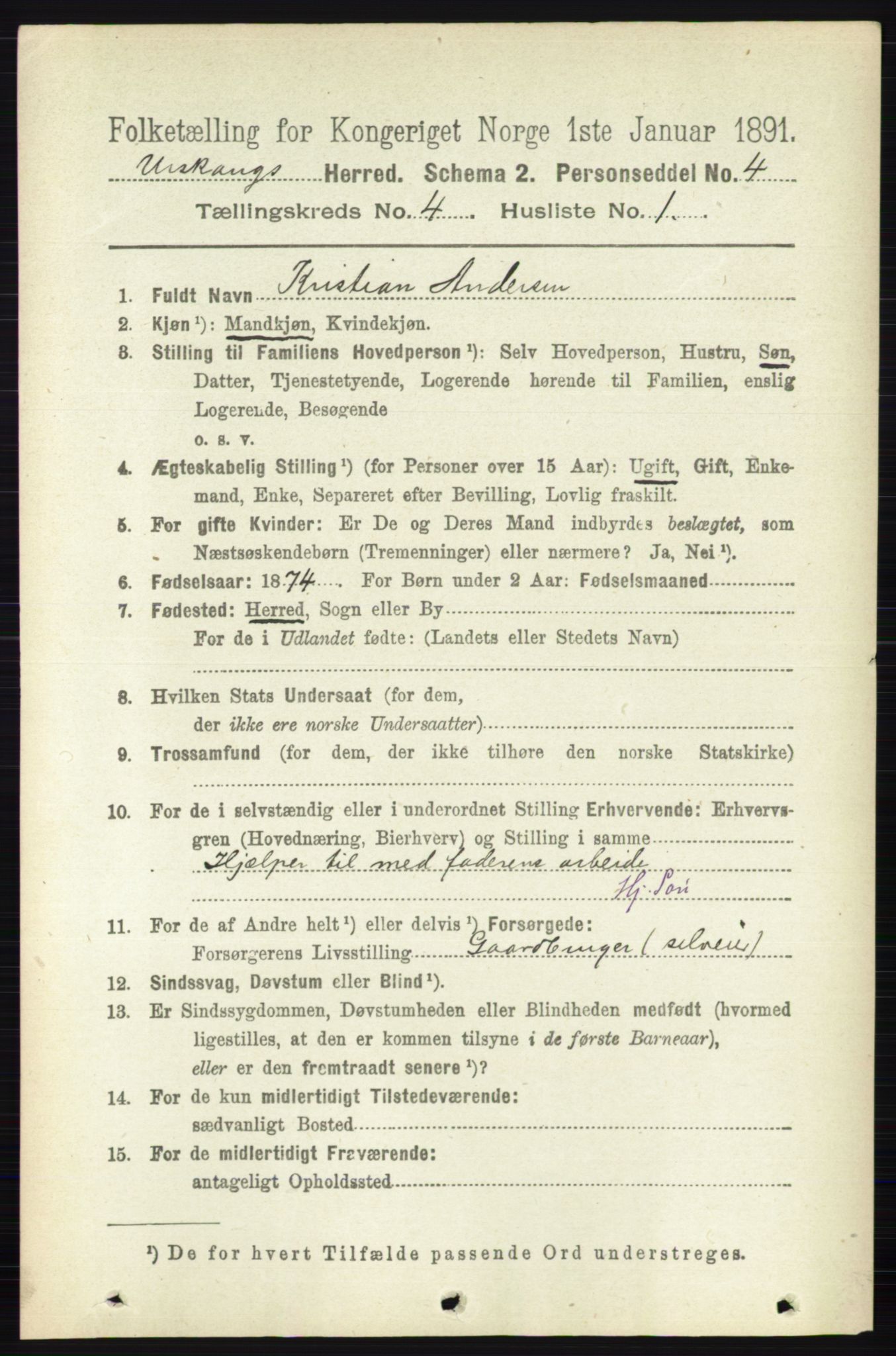 RA, 1891 census for 0224 Aurskog, 1891, p. 1490