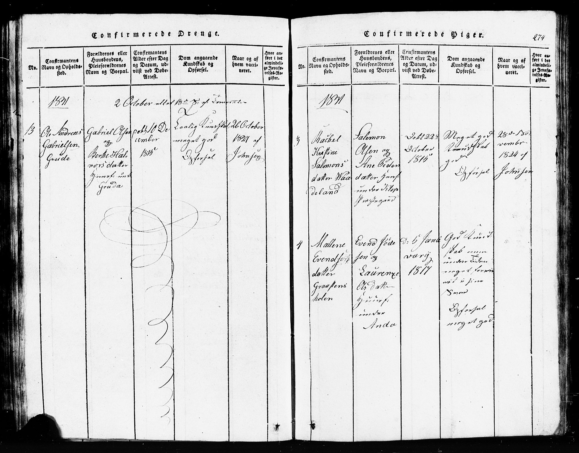 Klepp sokneprestkontor, SAST/A-101803/001/3/30BB/L0001: Parish register (copy) no.  B 1, 1816-1859, p. 274
