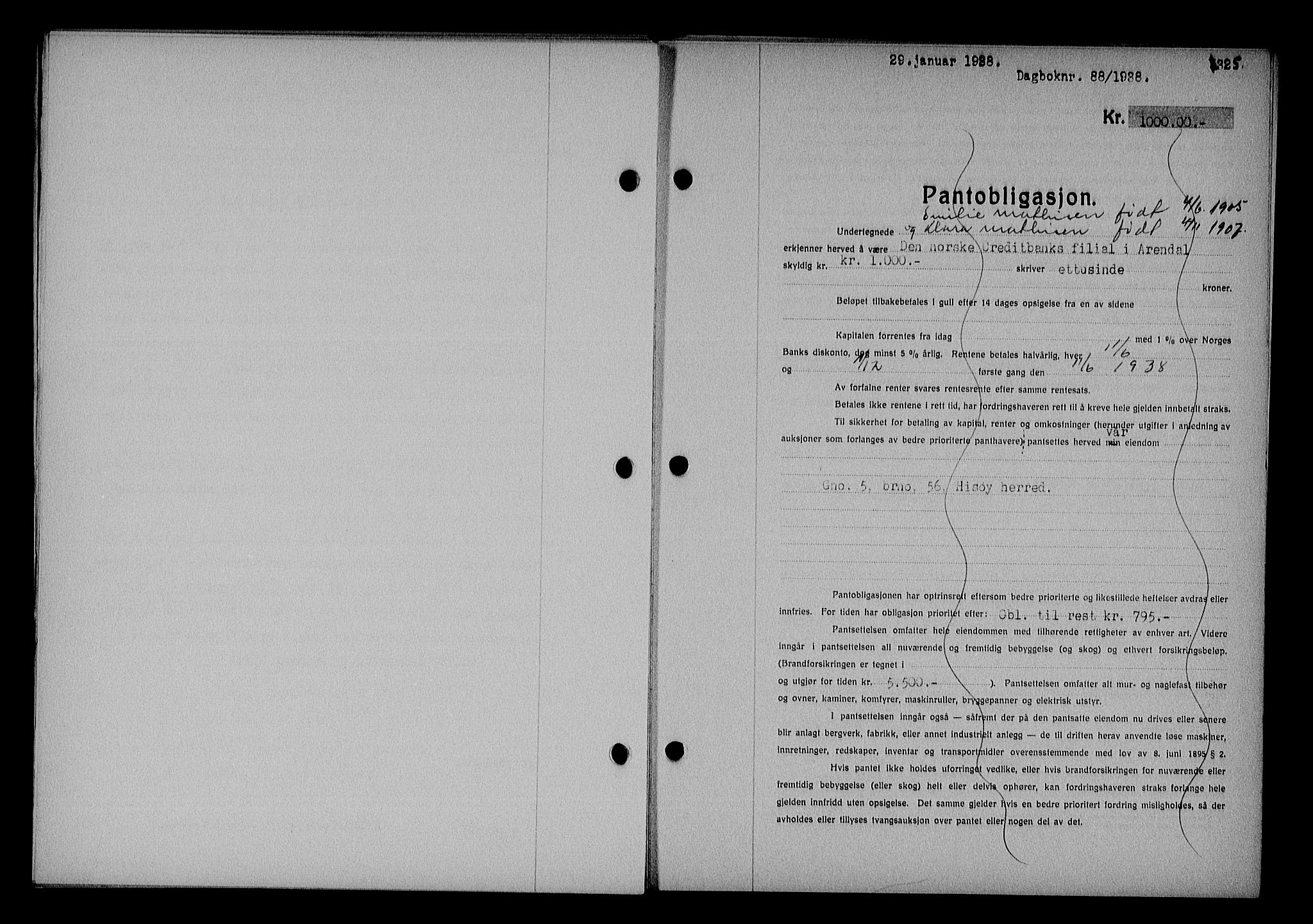 Nedenes sorenskriveri, SAK/1221-0006/G/Gb/Gba/L0044: Mortgage book no. 40, 1937-1938, Diary no: : 88/1938