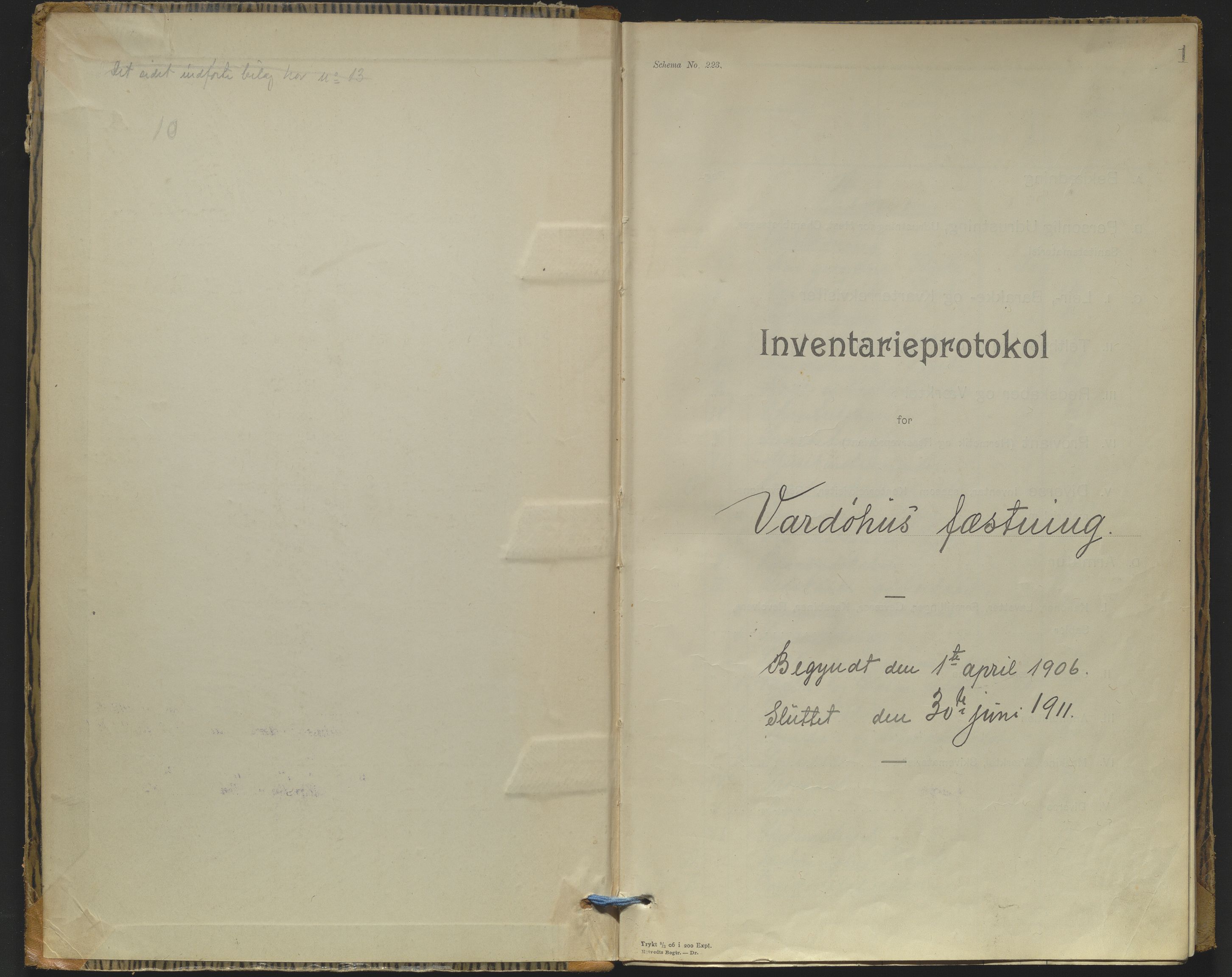 Vardøhus festning, AV/SATØ-S-0036/Rx/L0291: Inventarprotokoller og -lister (før 1891, se journalsakene, jf. besiktelser). Med register., 1906-1911, p. 1