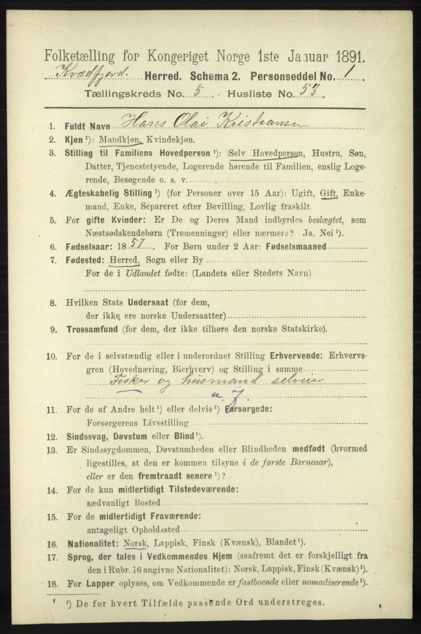 RA, 1891 census for 1911 Kvæfjord, 1891, p. 3165