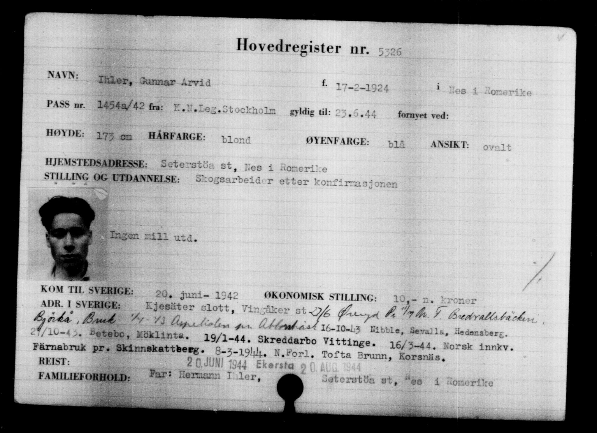 Utenriksstasjonene, Legasjonen i Stockholm, Flyktningkontoret, AV/RA-S-6753/V/Va/L0004: Kjesäterkartoteket, flyktninger med registreringsnr. 3496-6610, 1940-1945, p. 2110