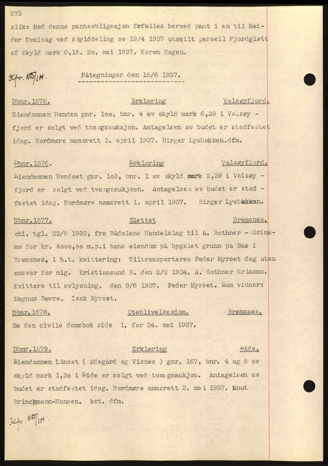 Nordmøre sorenskriveri, AV/SAT-A-4132/1/2/2Ca: Mortgage book no. C80, 1936-1939, Diary no: : 1575/1937