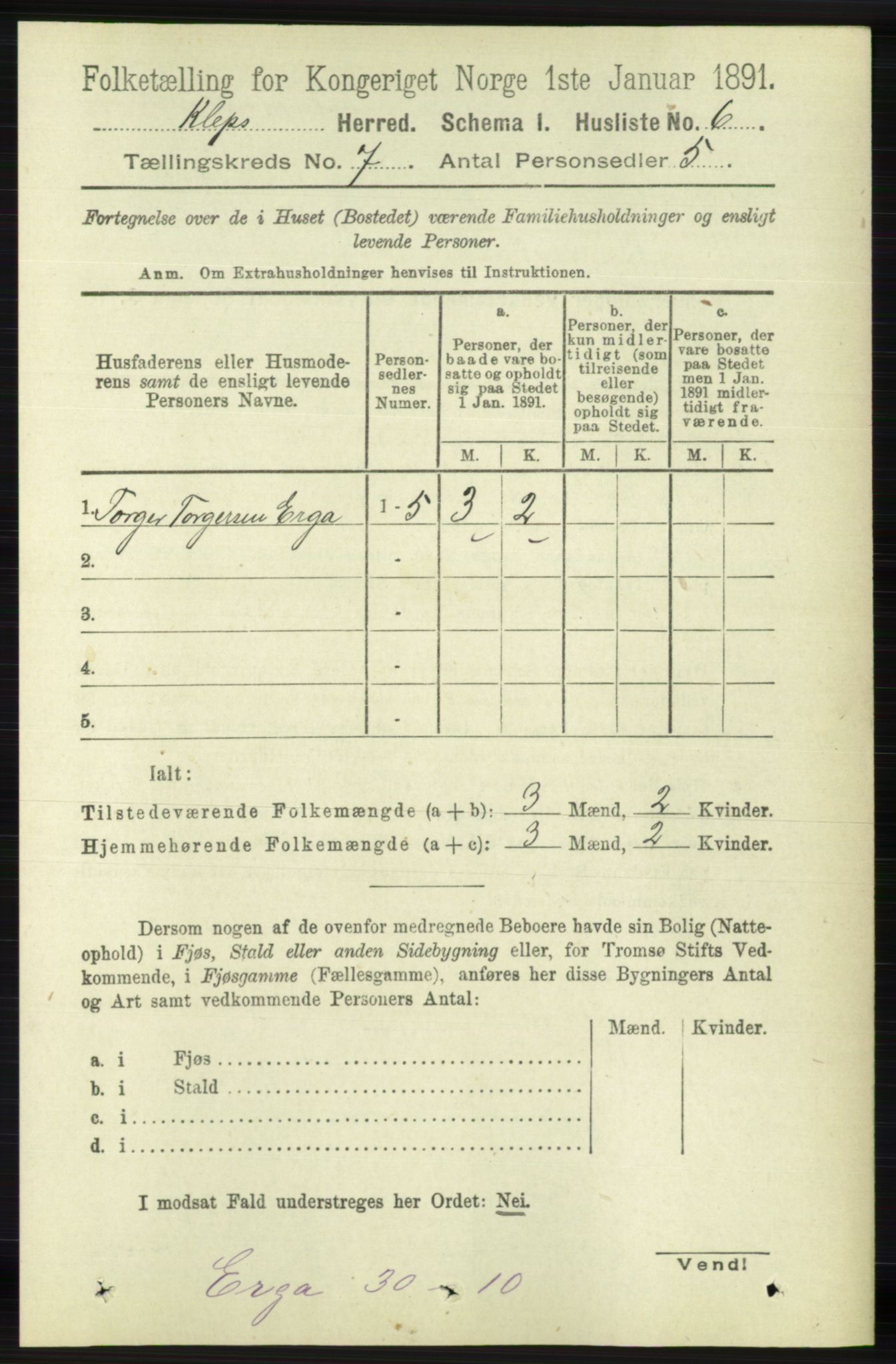 RA, 1891 census for 1120 Klepp, 1891, p. 2061