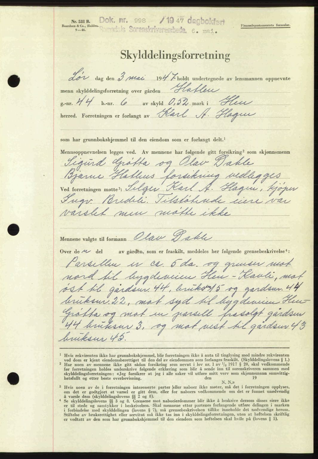 Romsdal sorenskriveri, SAT/A-4149/1/2/2C: Mortgage book no. A22, 1947-1947, Diary no: : 998/1947