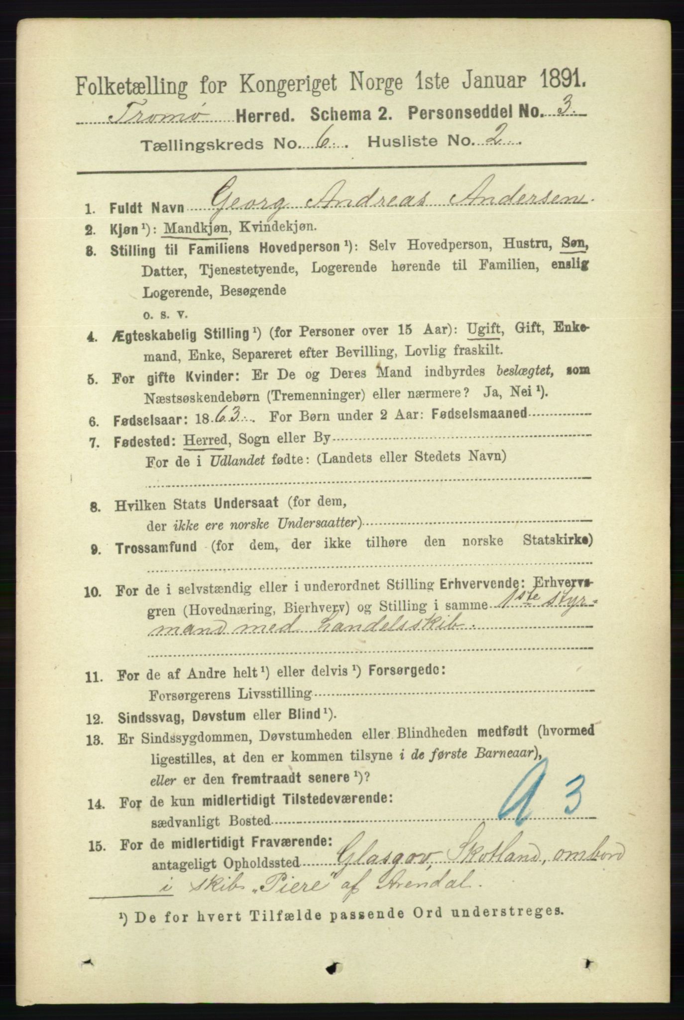 RA, 1891 census for 0921 Tromøy, 1891, p. 2872