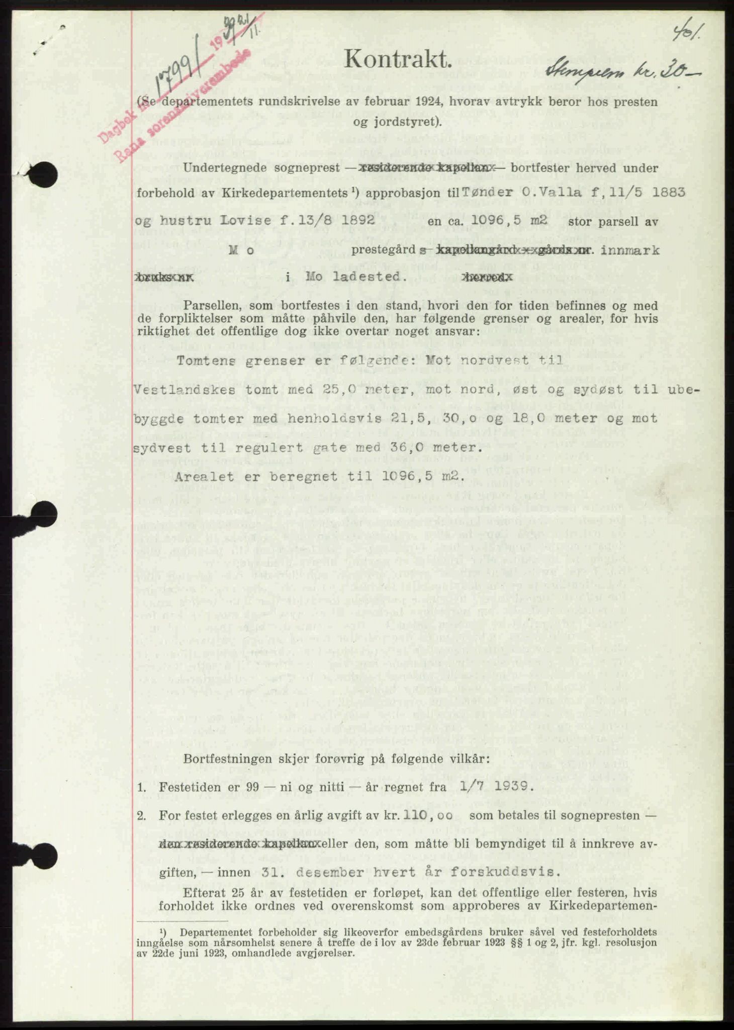 Rana sorenskriveri , SAT/A-1108/1/2/2C: Mortgage book no. A 6, 1939-1940, Diary no: : 1799/1939